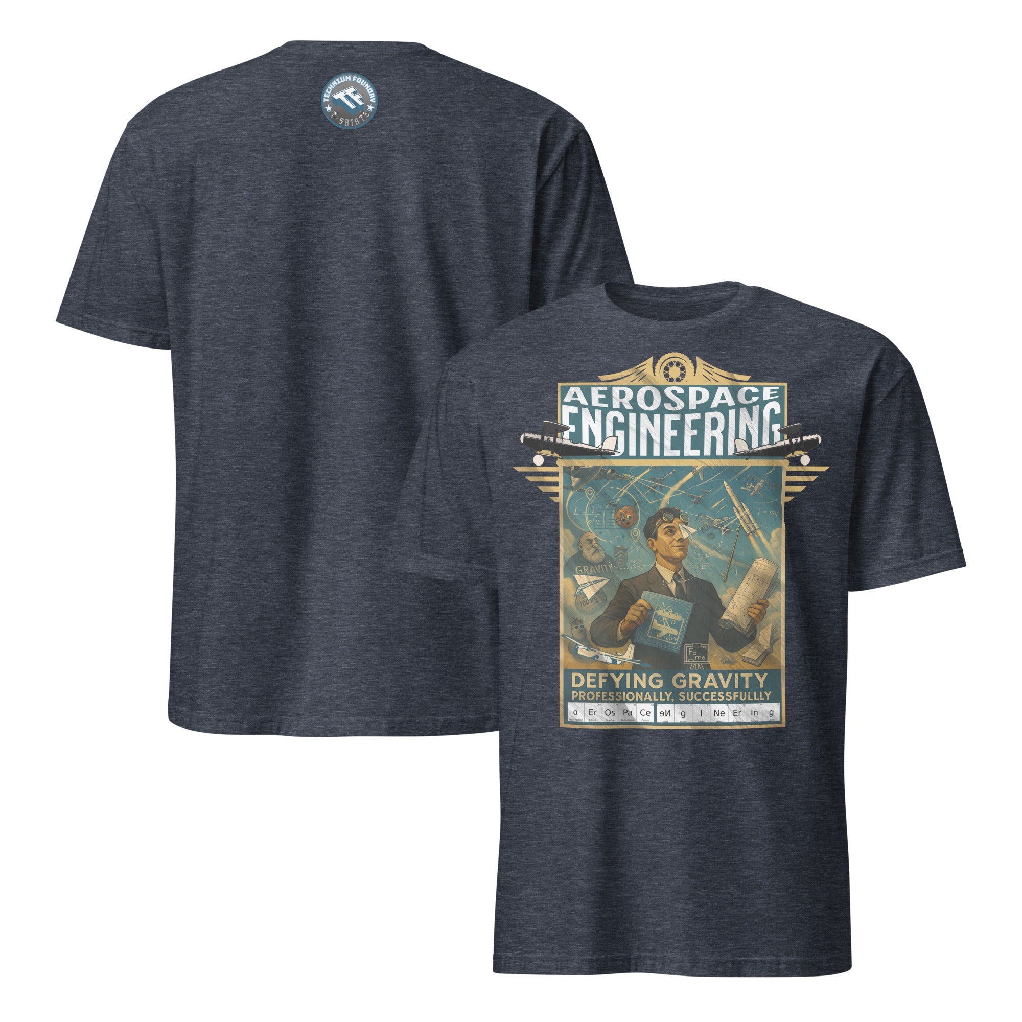 Aerospace Engineering T-Shirt featuring vintage aviation design and "Defying Gravity Professionally, Successfully" slogan.