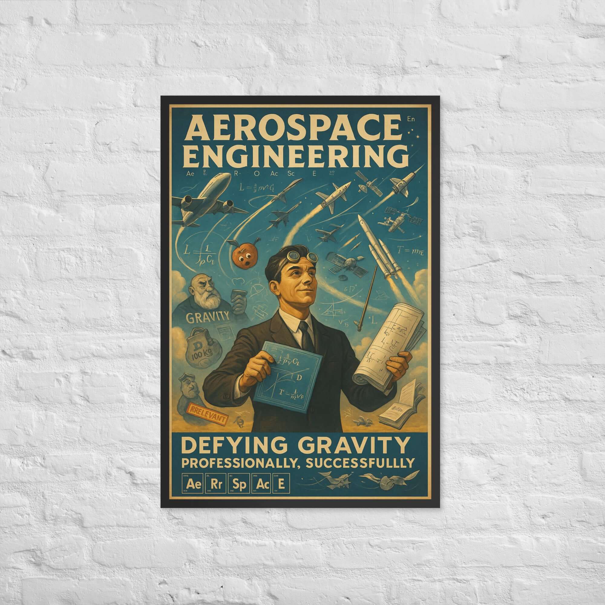 Aerospace Engineering vintage wall poster featuring space race theme and defying gravity message.