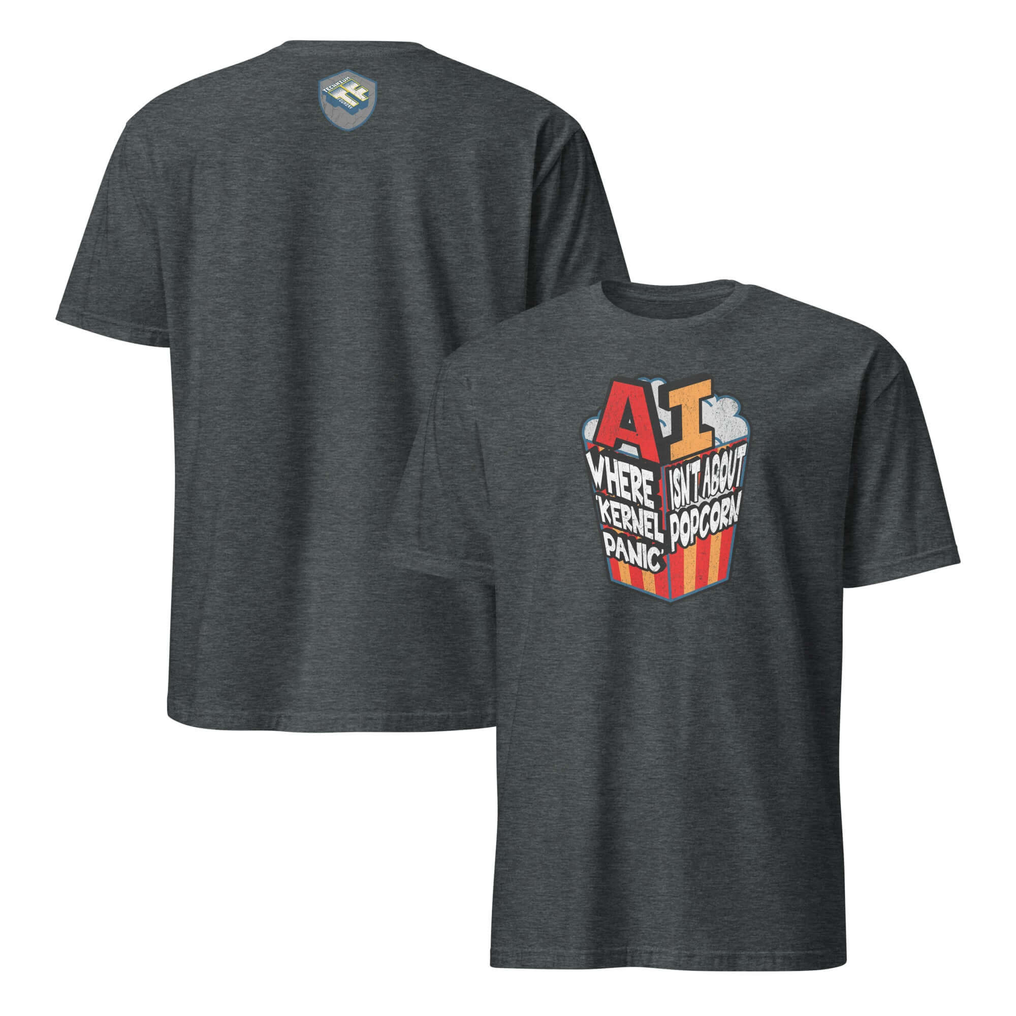 Tech humor t-shirt with AI and popcorn pun design, saying 'AI: Where Kernel Panic Isn't About Popcorn' on dark fabric.