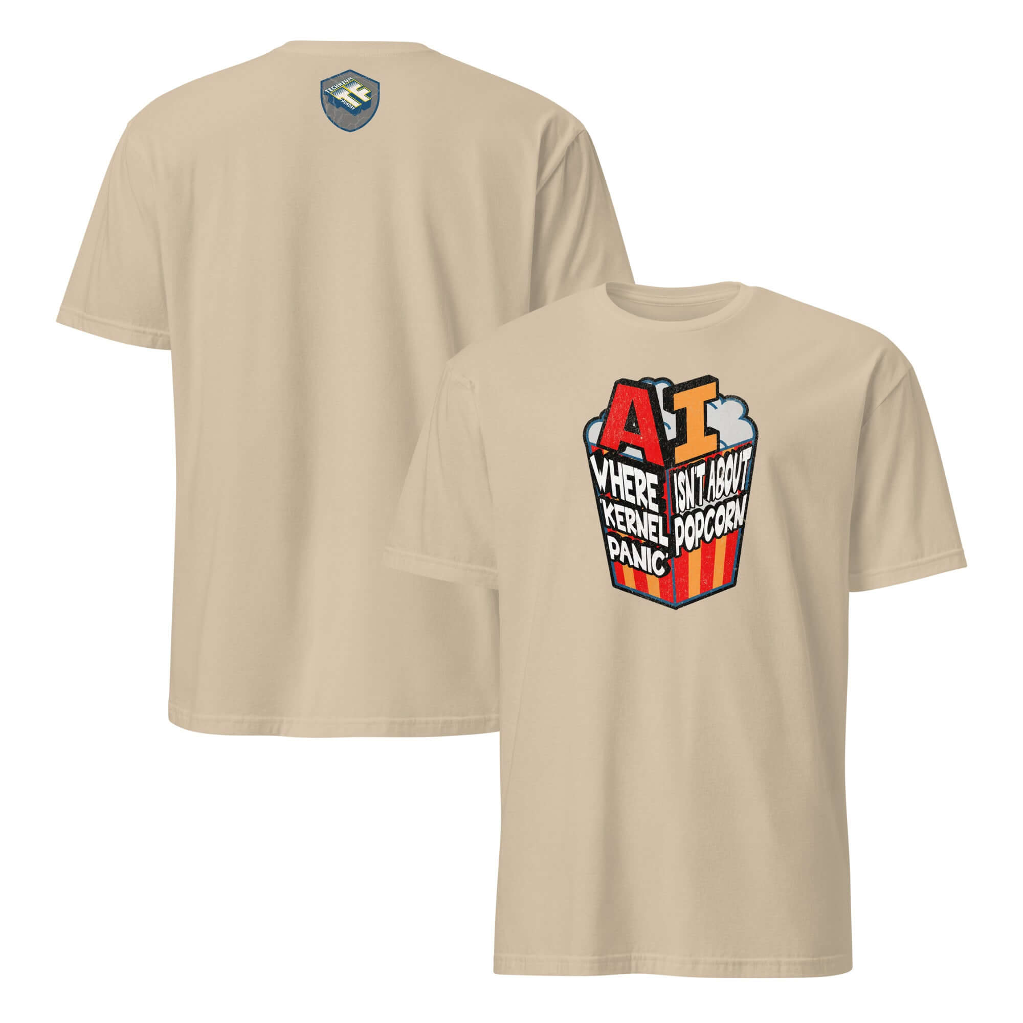 AI Kernel Panic T-shirt with popcorn container graphic, humorously blending computer science puns with snack imagery.