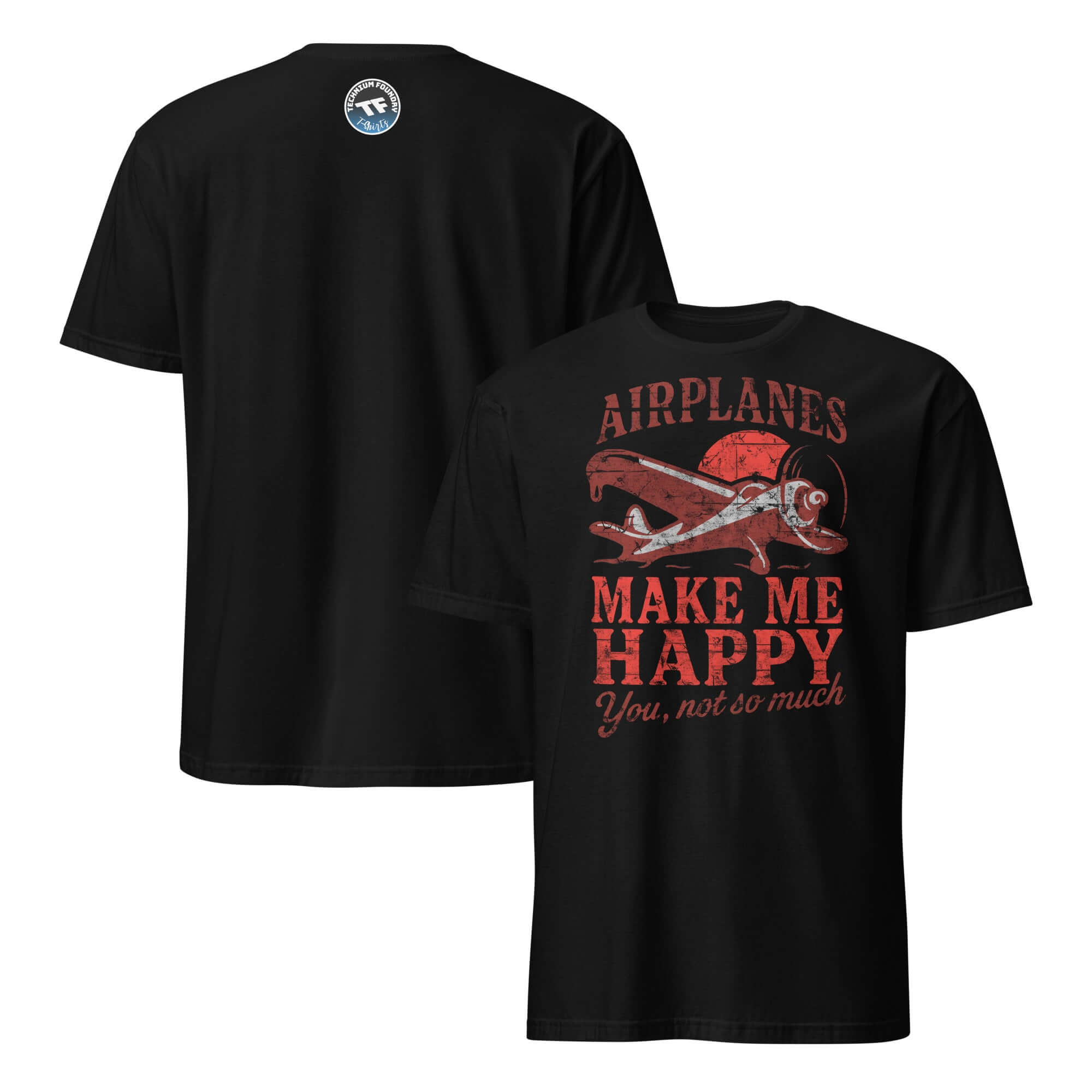 Black T-shirt with vintage airplane graphic and humorous text 'Airplanes Make Me Happy, You Not So Much,' perfect for aviation enthusiasts.