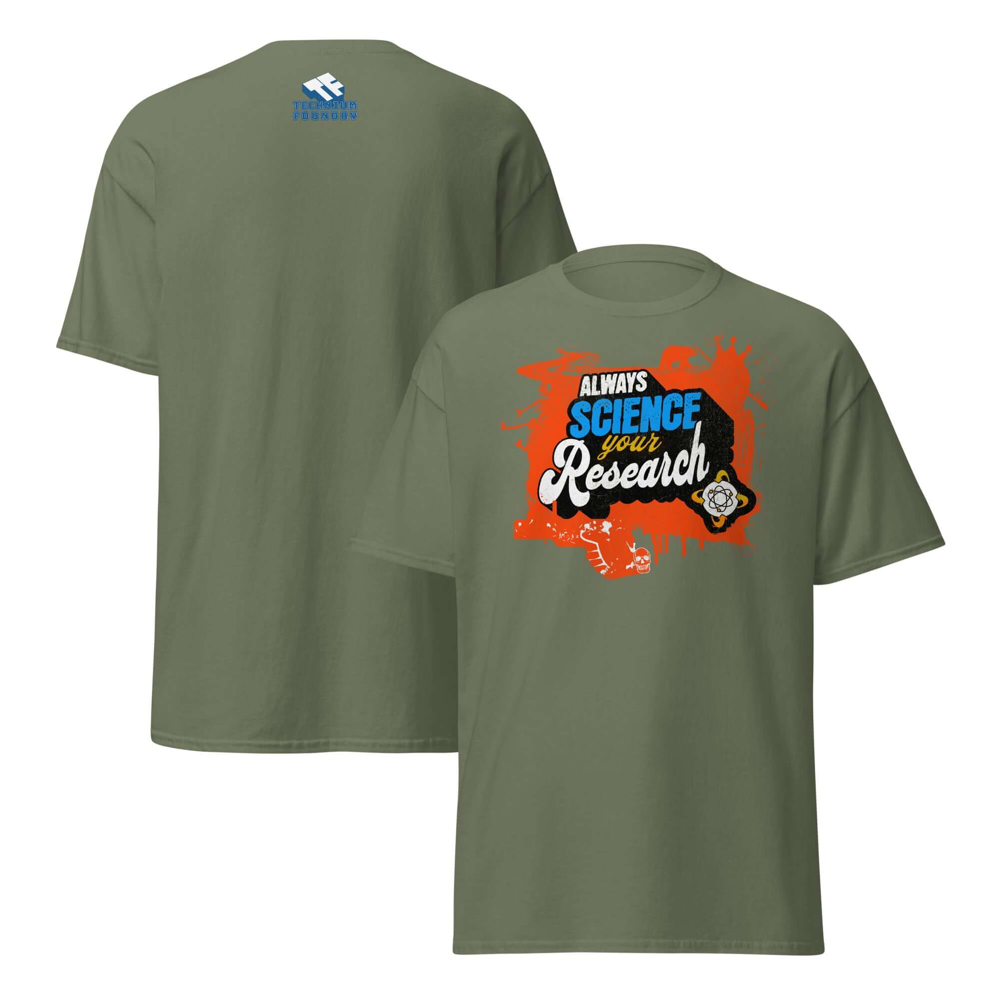 Green t-shirt reading 'Always Science Your Research' with bold typography in electric blue and elegant script design.