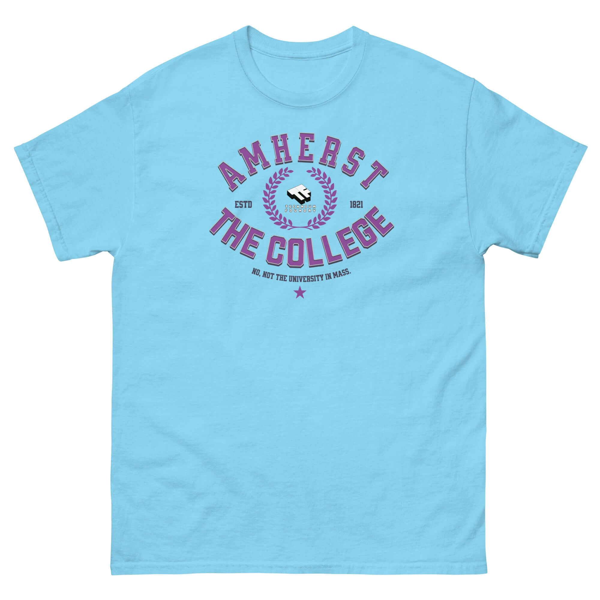 Amherst Clarification T-Shirt with "THE COLLEGE" typography in blue, emphasizing elite college identity and humor, cotton blend fashion.