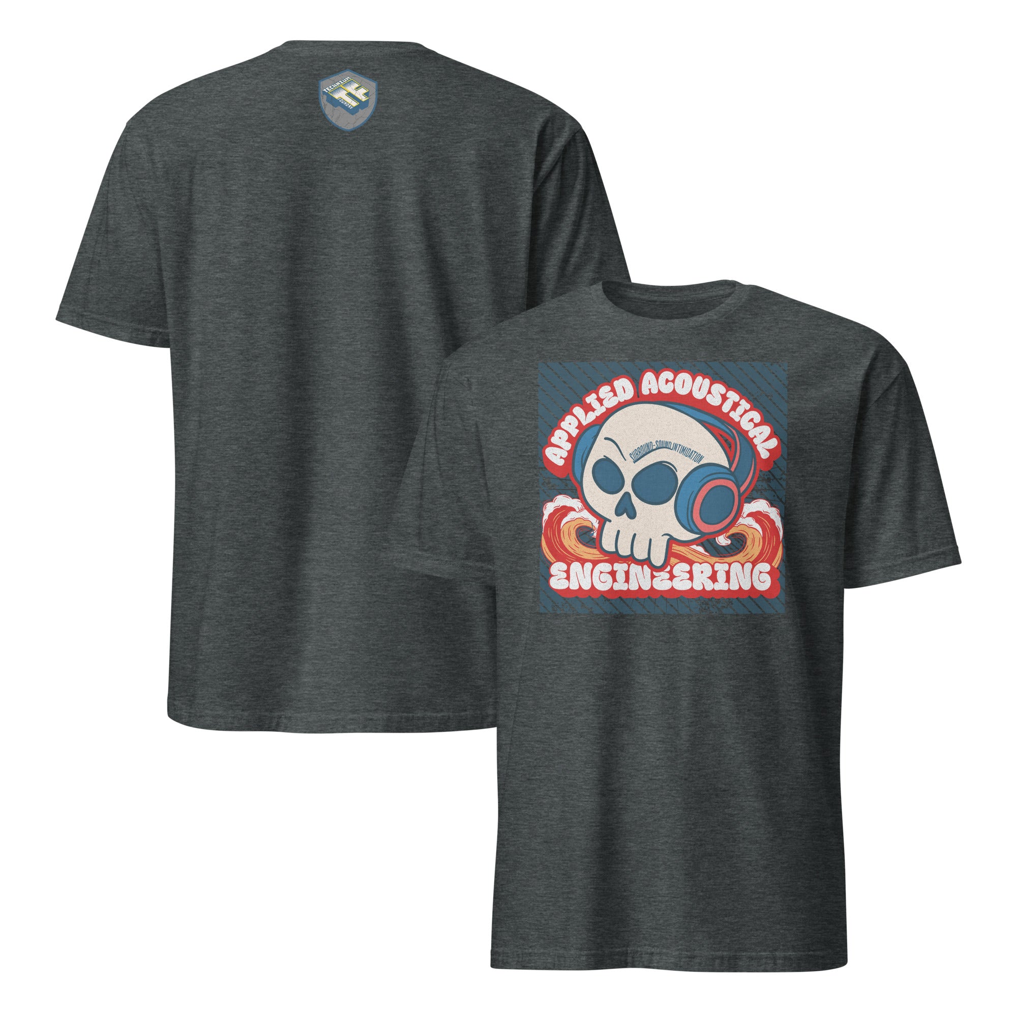 Applied Acoustical Engineering T-Shirt with Sound Wave Skull Design and Headphones