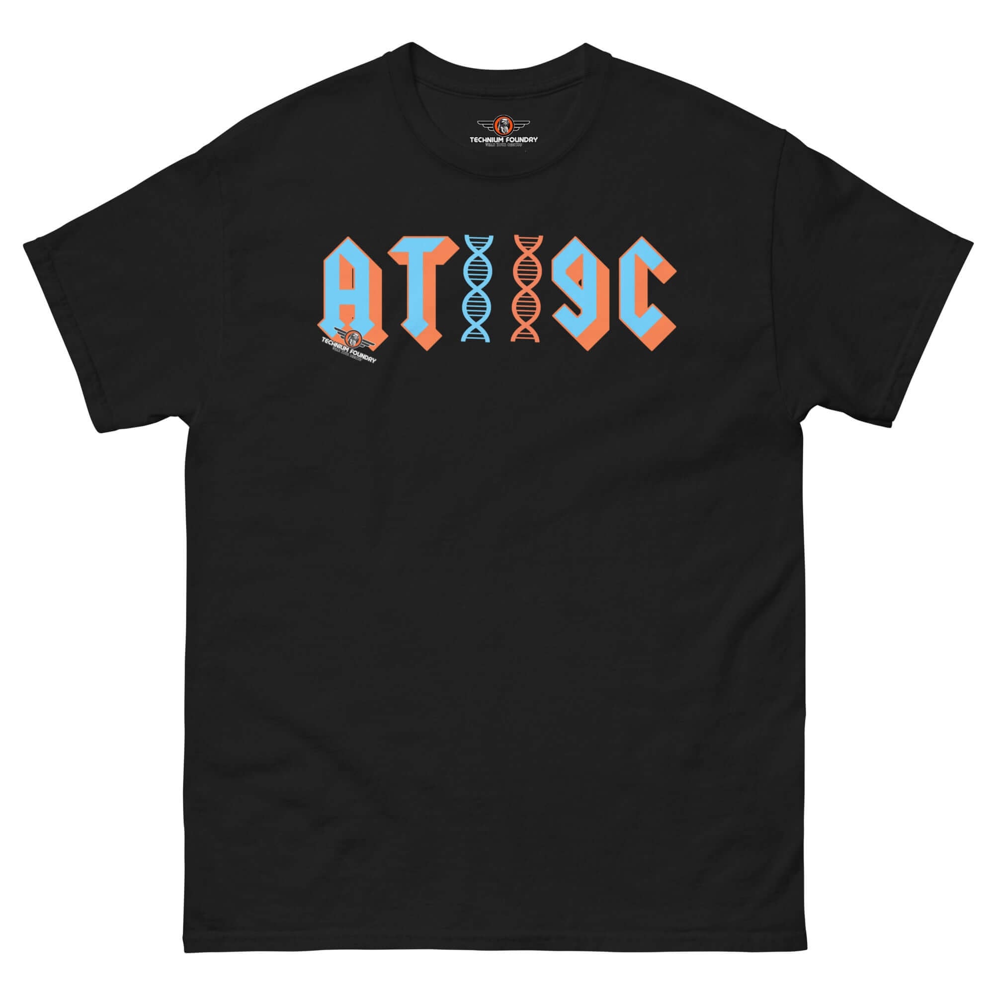 Black t-shirt featuring AT/GC DNA design in metal band style, perfect for genetics lovers and science humor fans.