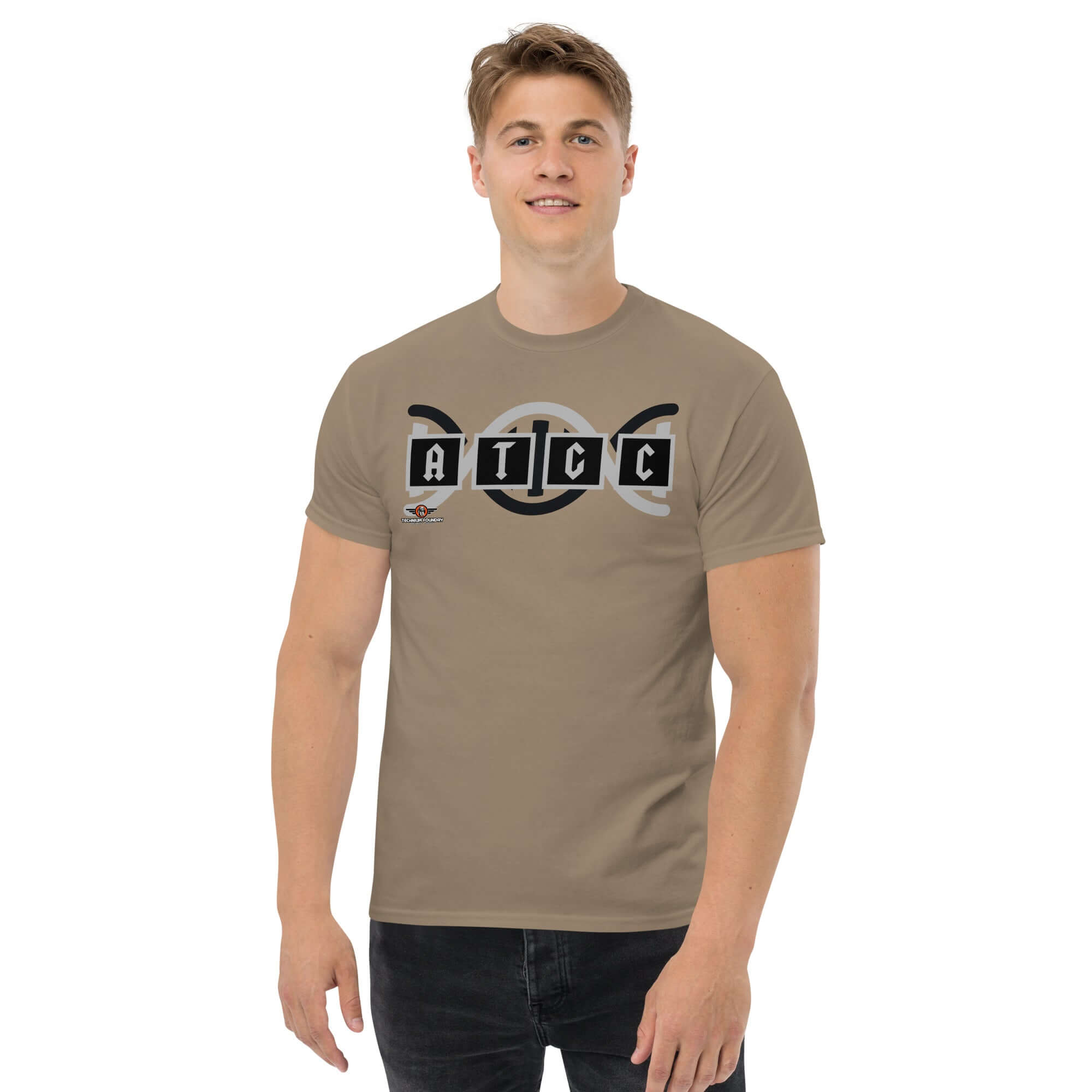 Man wearing AT/GC Rock Band DNA t-shirt with genetics-inspired heavy metal design and DNA double helix graphic.