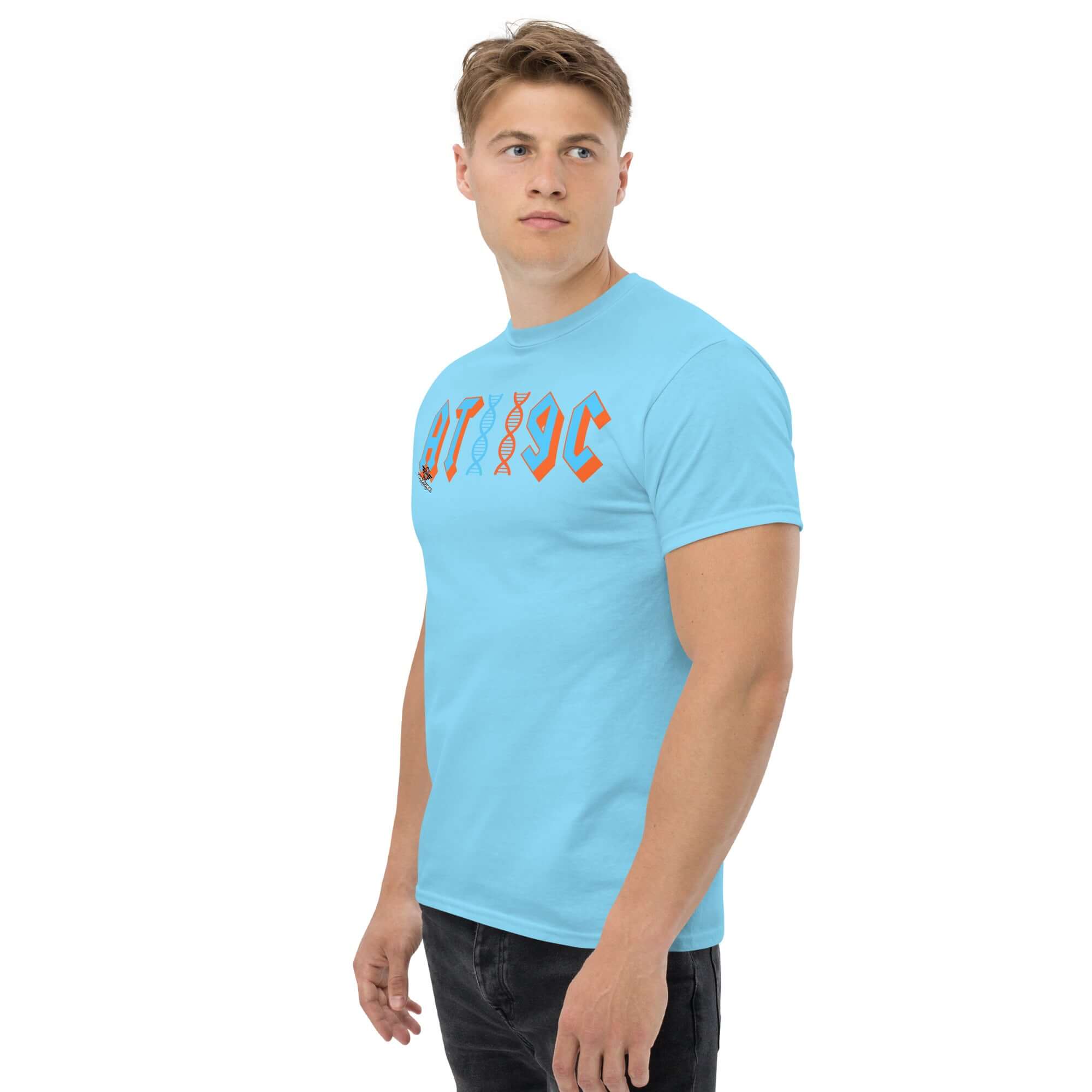 Man wearing a light blue AT/GC DNA Rock Band T-Shirt with metal band style design, featuring a DNA double helix. Perfect for genetics enthusiasts.