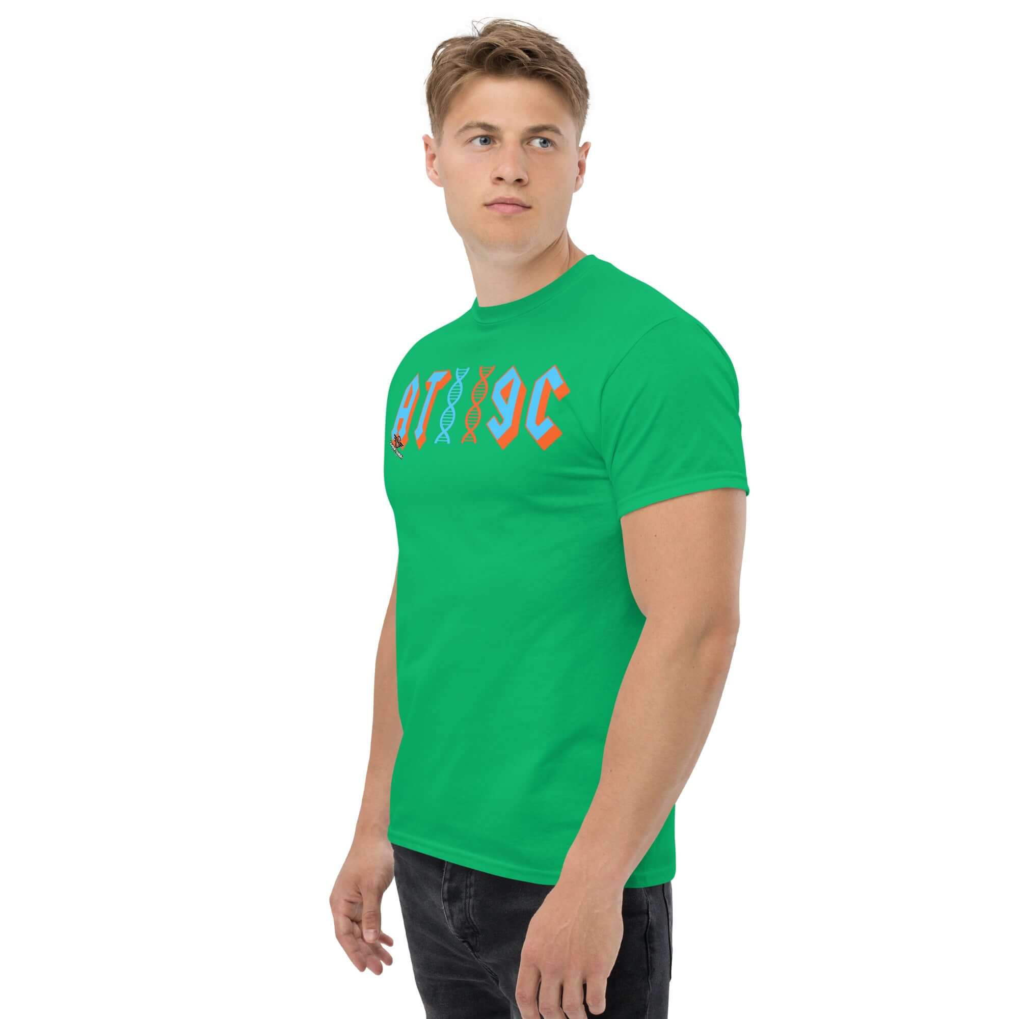 Green AT/GC DNA rock band t-shirt with genetic base pair design, featuring metal band style logo, ideal for biology and music enthusiasts.