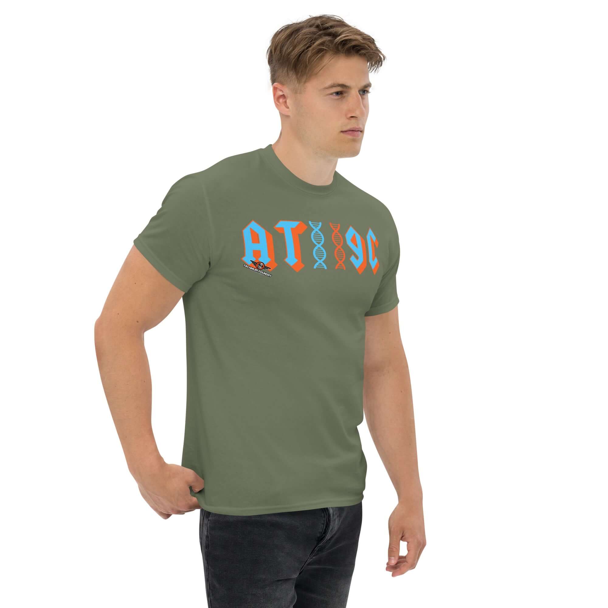 Man wearing AT/GC Rock Band DNA T-Shirt with genetic science humor design