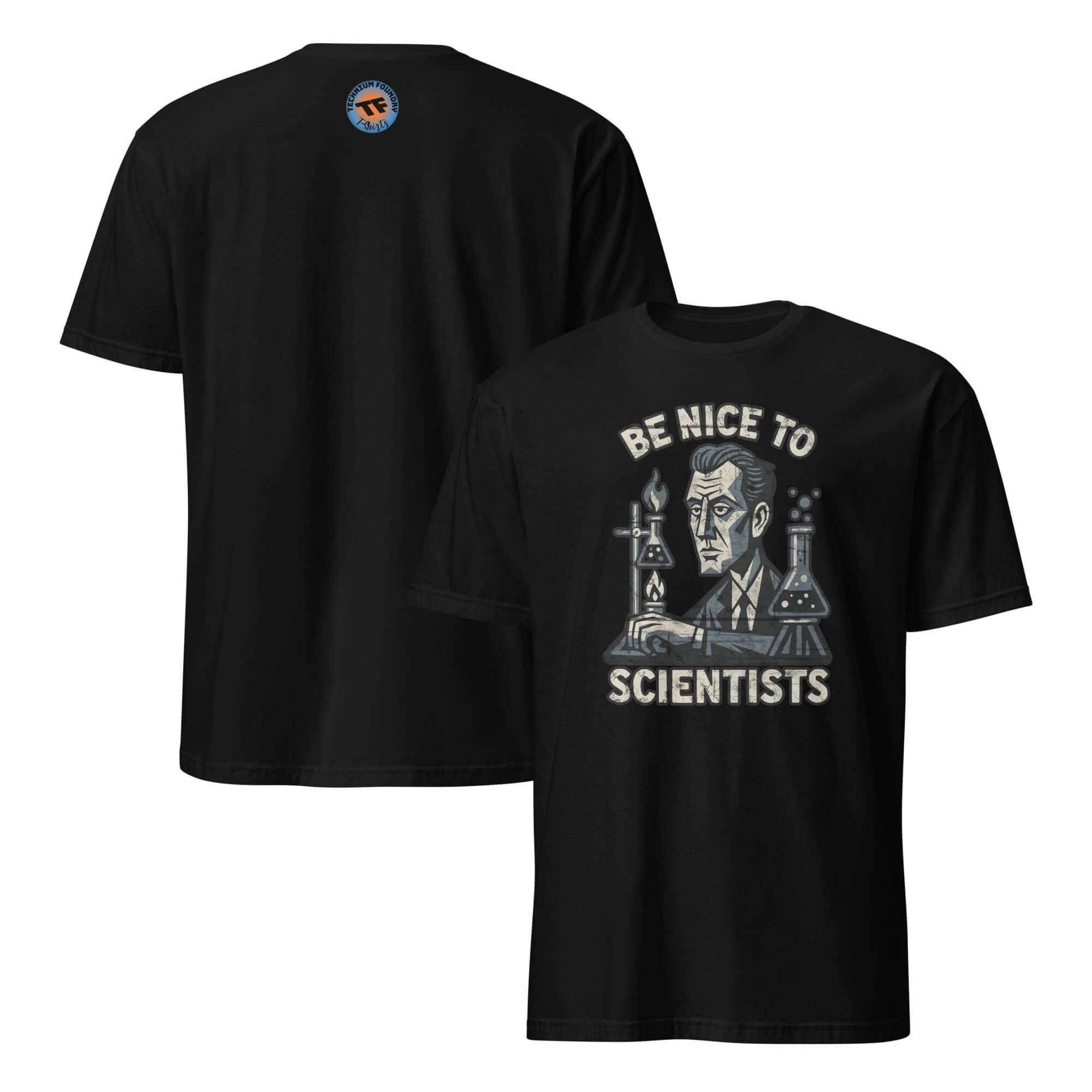 Black "Be Nice to Scientists" t-shirt featuring a humorous laboratory safety graphic with scientific equipment.