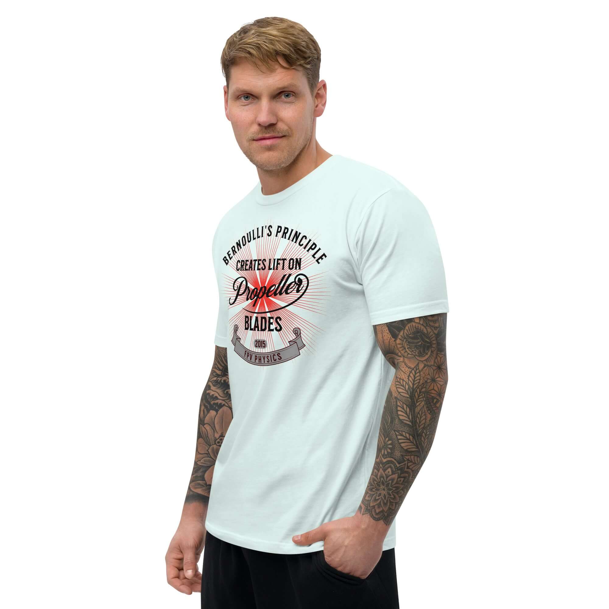 Man wearing Bernoulli's Principle Creates Lift tee, featuring drone technology design for aerodynamics enthusiasts.
