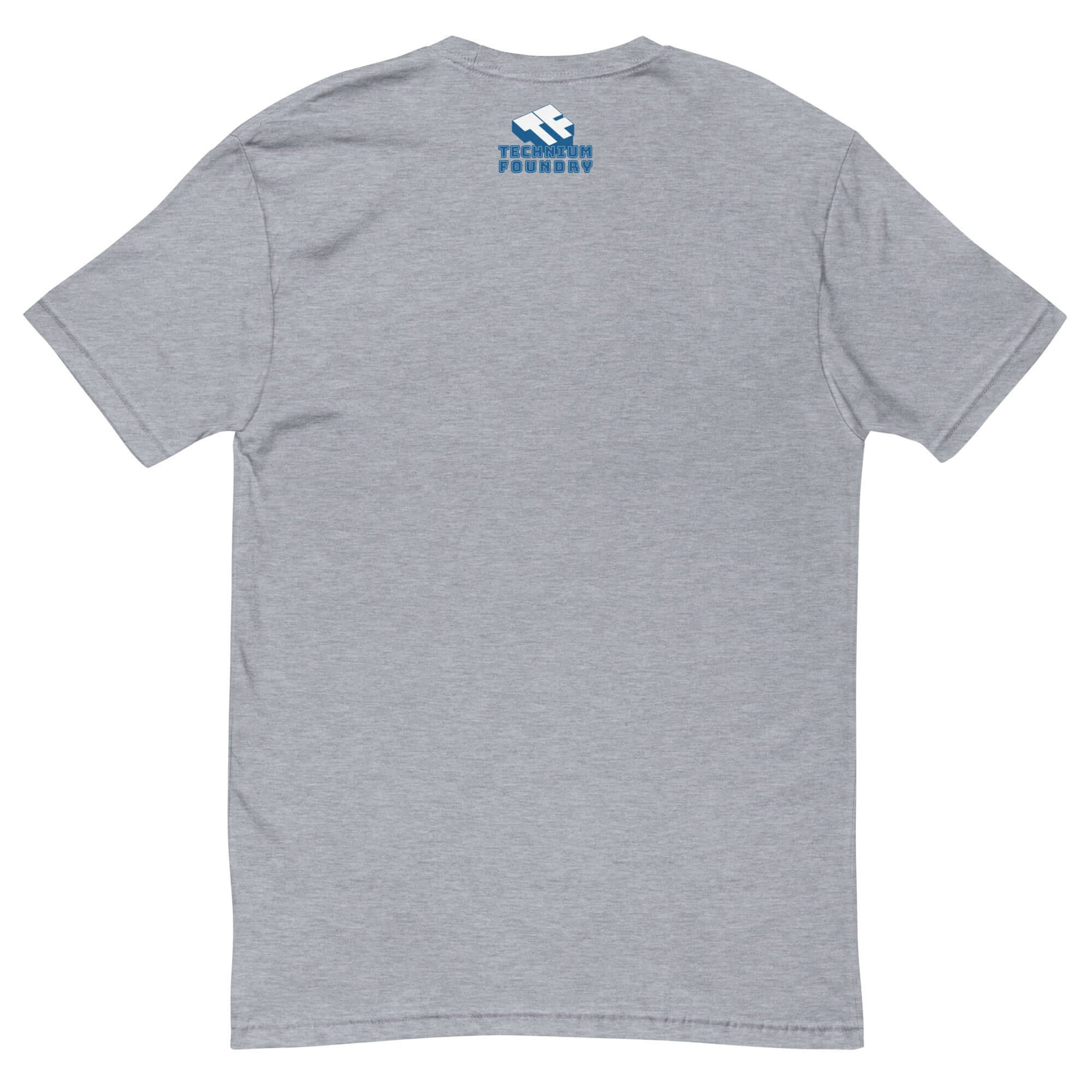 Back view of a grey t-shirt featuring "Tech Foundry" logo, perfect for drone enthusiasts and aviation fans.
