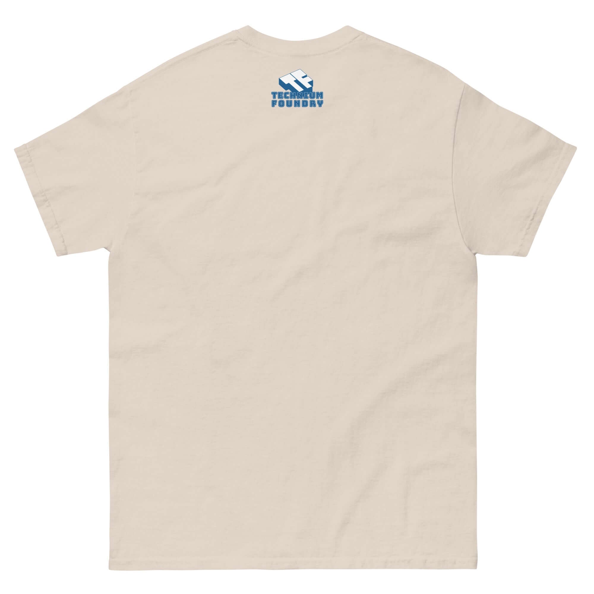 Beige t-shirt with Technium Foundry logo on back, inspired by Bernoulli's Principle and fluid dynamics, designed for pilots.