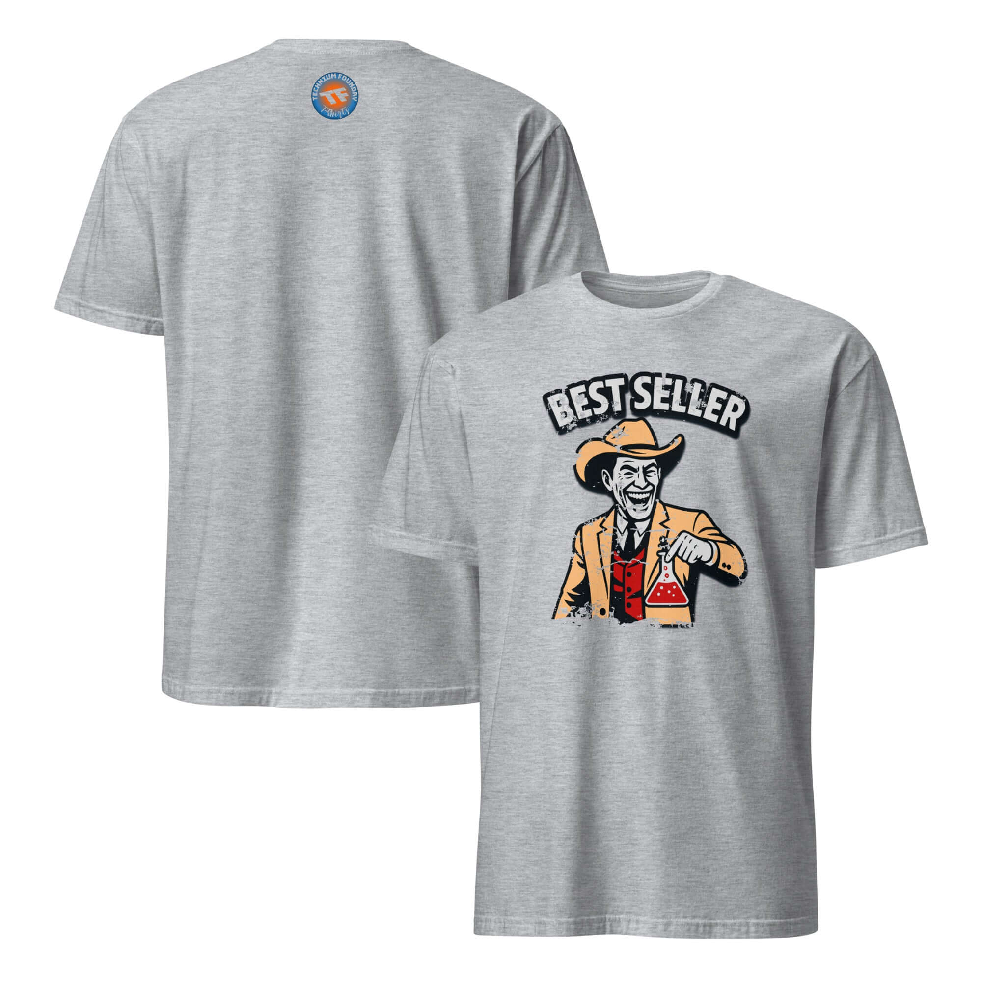 Grey short-sleeve unisex T-shirt featuring a humorous chemistry design with a cartoon cowboy and 'Bestseller' text for pharmaceutical fans.