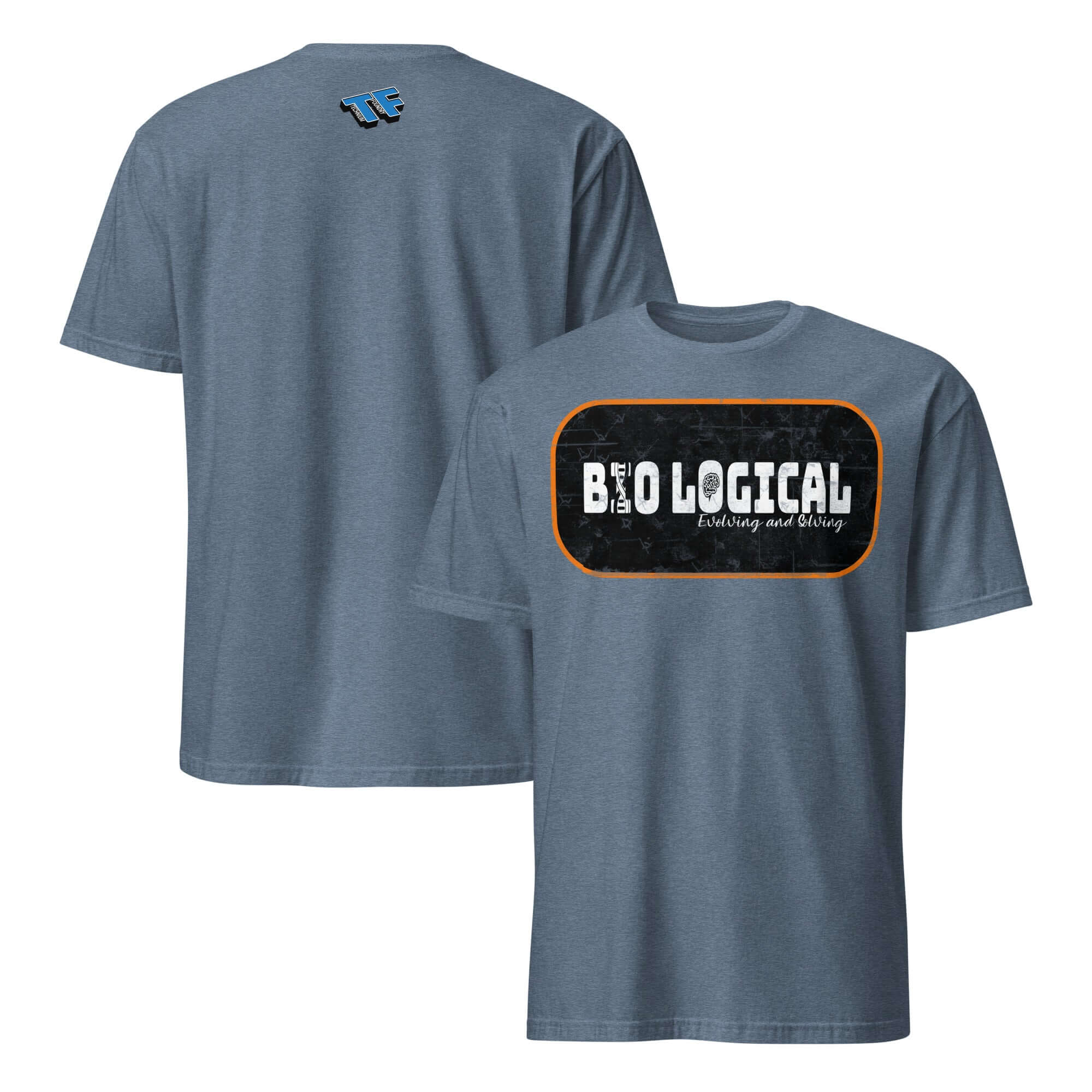 Bio-Logical T-Shirt with Evolving and Solving graphic, featuring a grunge badge in warning-orange on gray fabric.