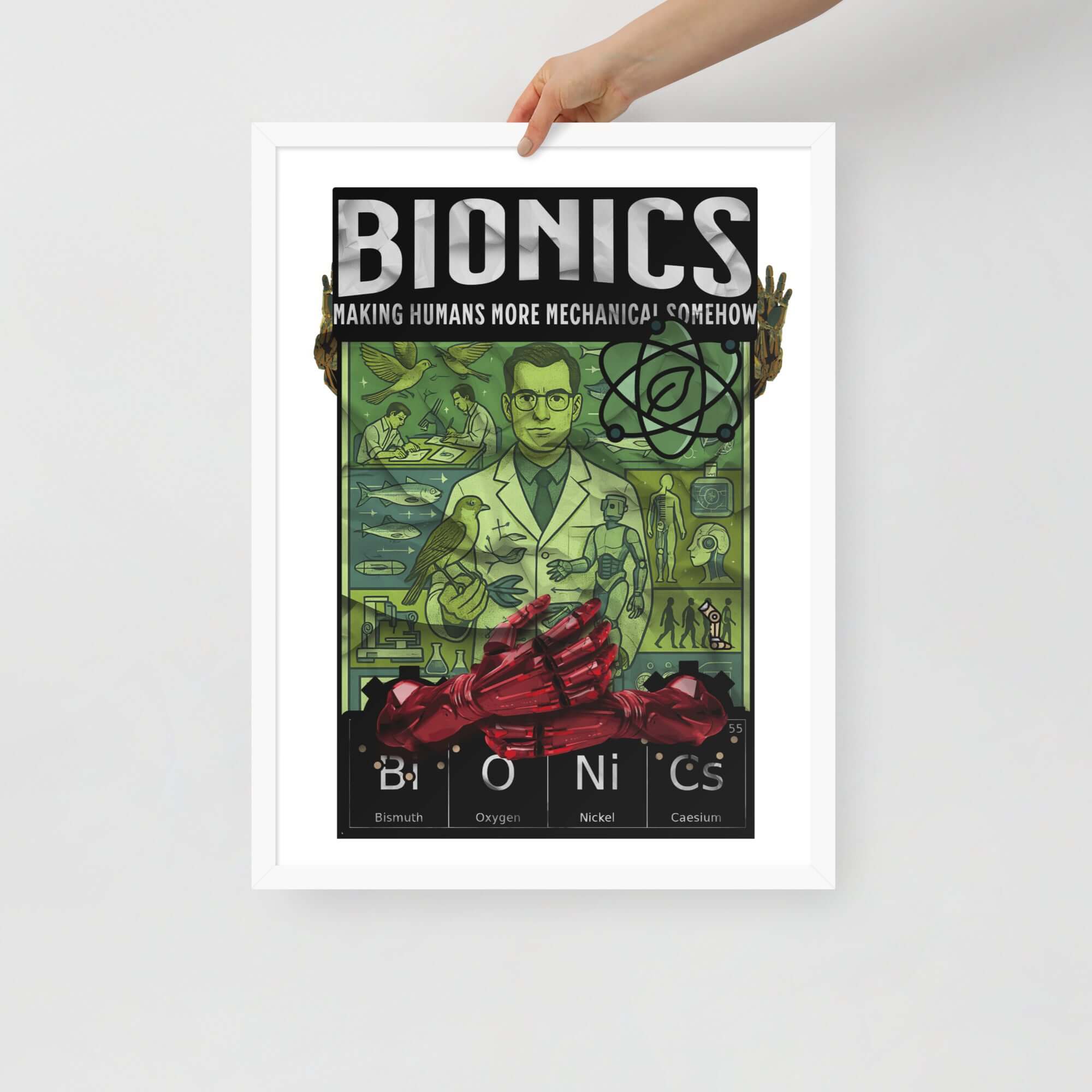 Bionics poster print showcasing bioengineering theme, framed and ready for display, highlighting human mechanical enhancements.