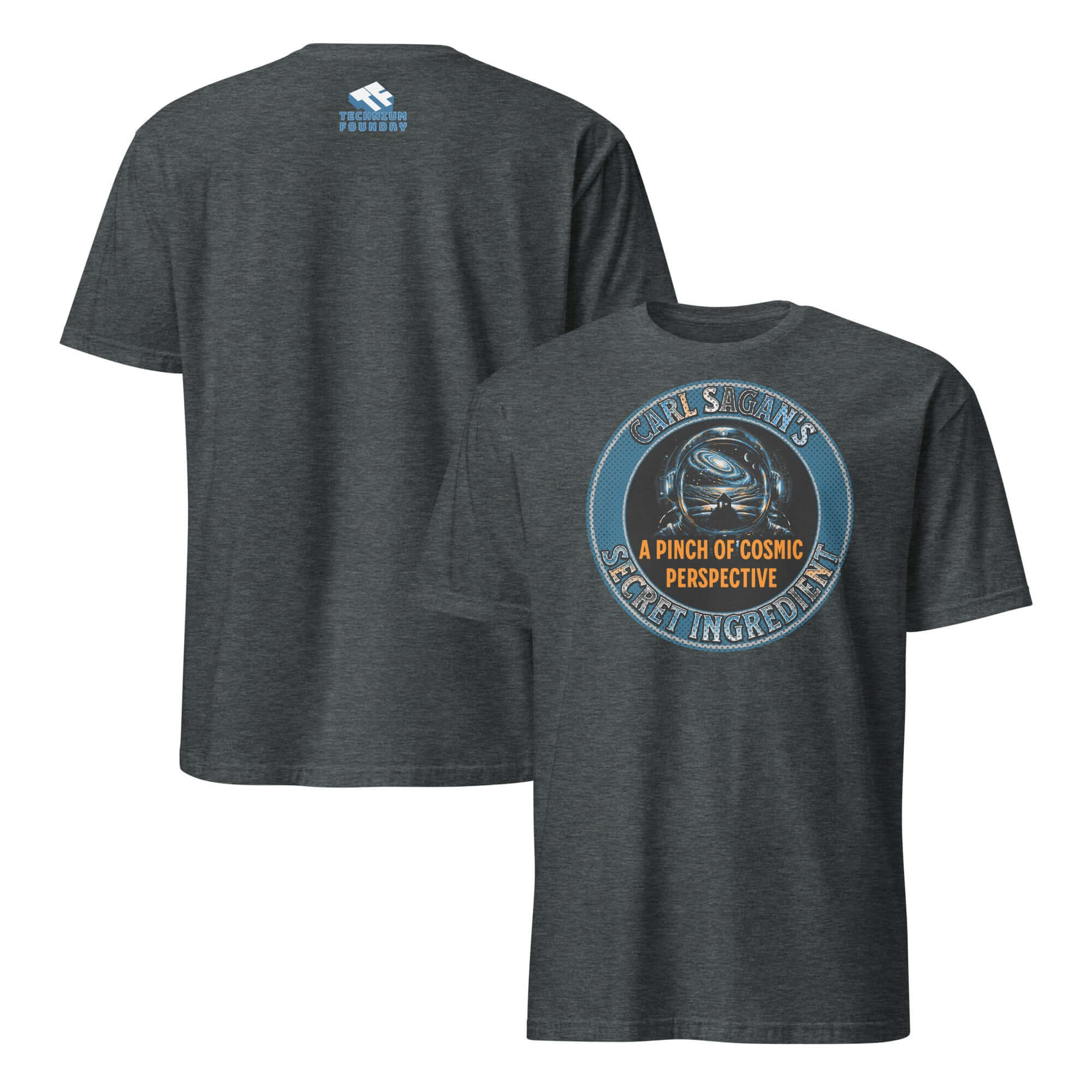 Carl Sagan's Secret Ingredient T-shirt featuring astronaut helmet and galaxy motif, a tribute to cosmic exploration and wonder.