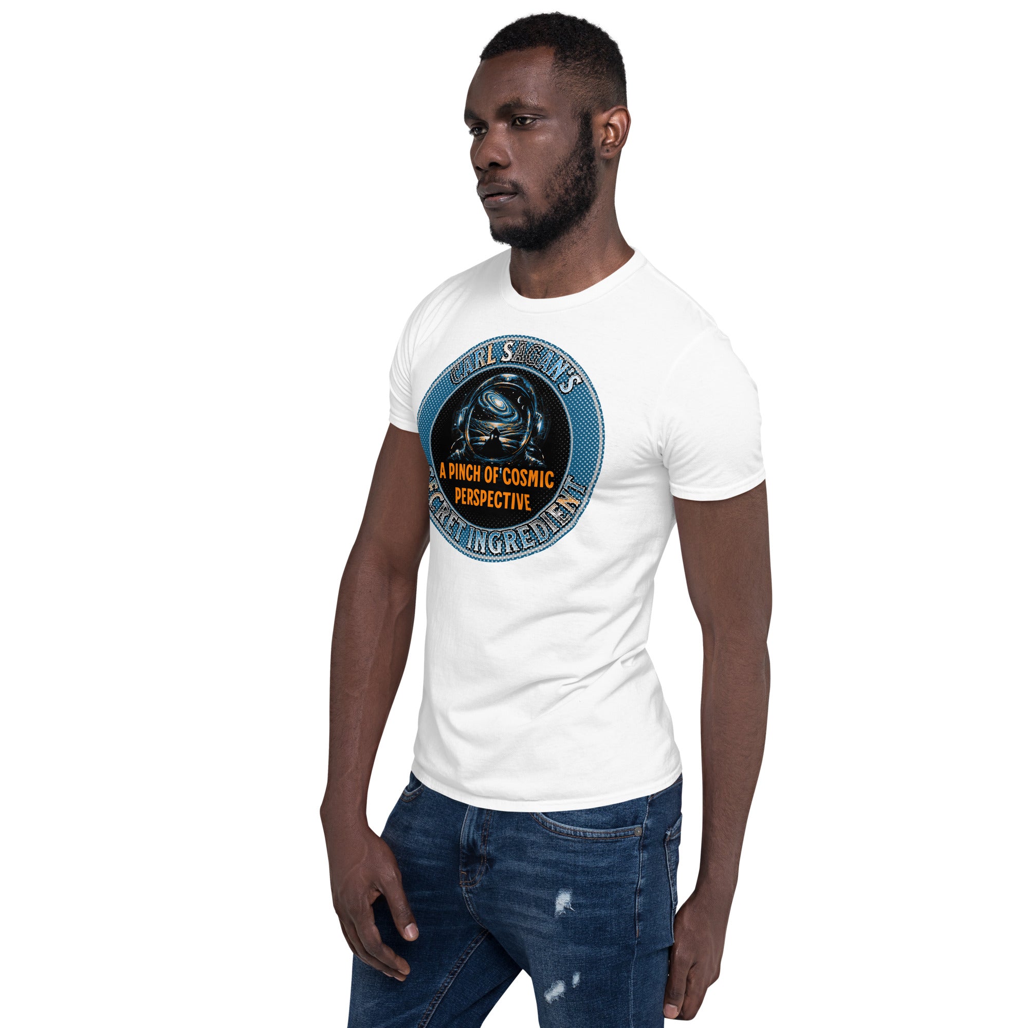 Model wearing Carl Sagan's Secret Ingredient T-Shirt featuring astronaut helmet with galaxy, promoting cosmic perspective and wonder.