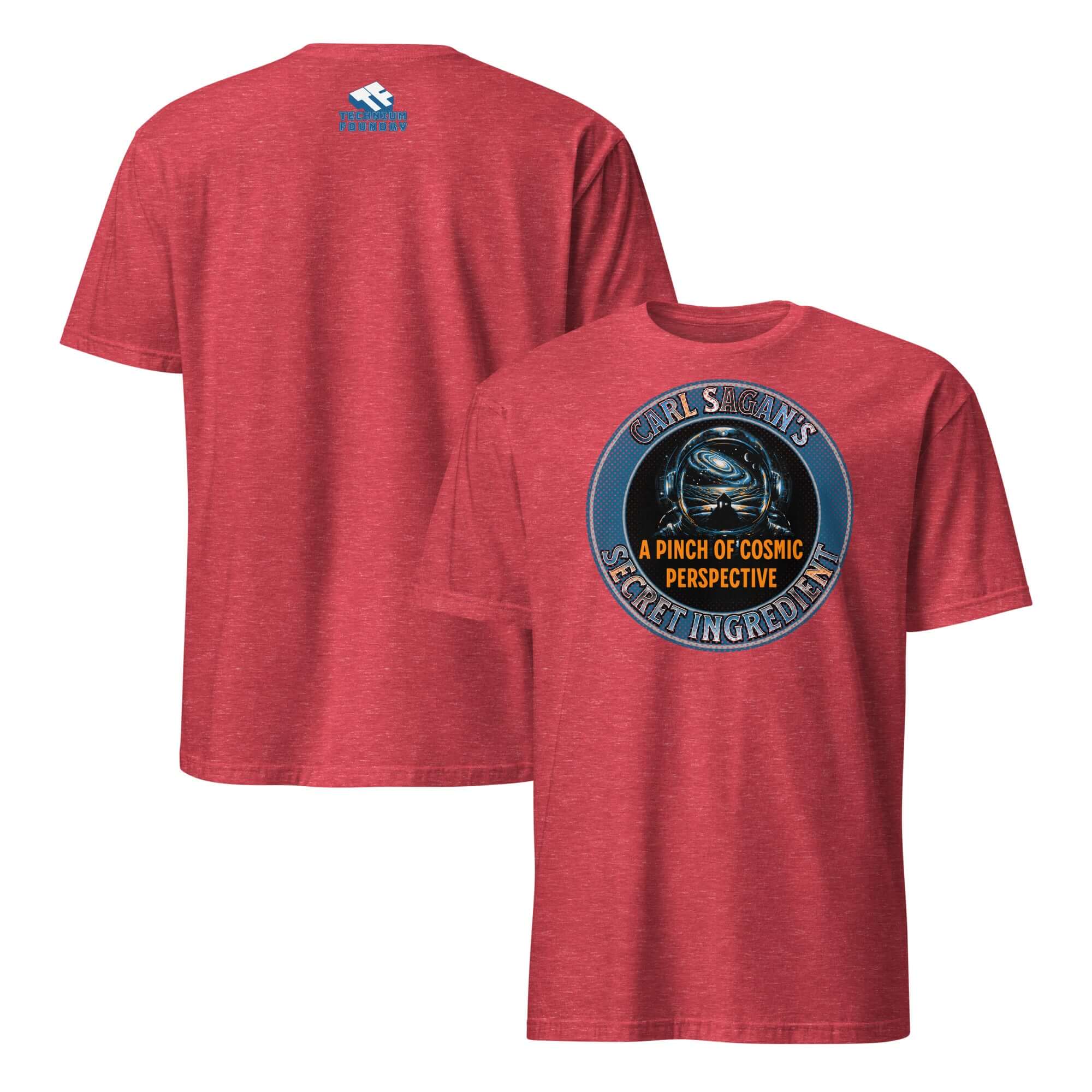 Red t-shirt featuring Carl Sagan's Secret Ingredient design with an astronaut helmet and galaxy reflection, cosmic perspective theme.