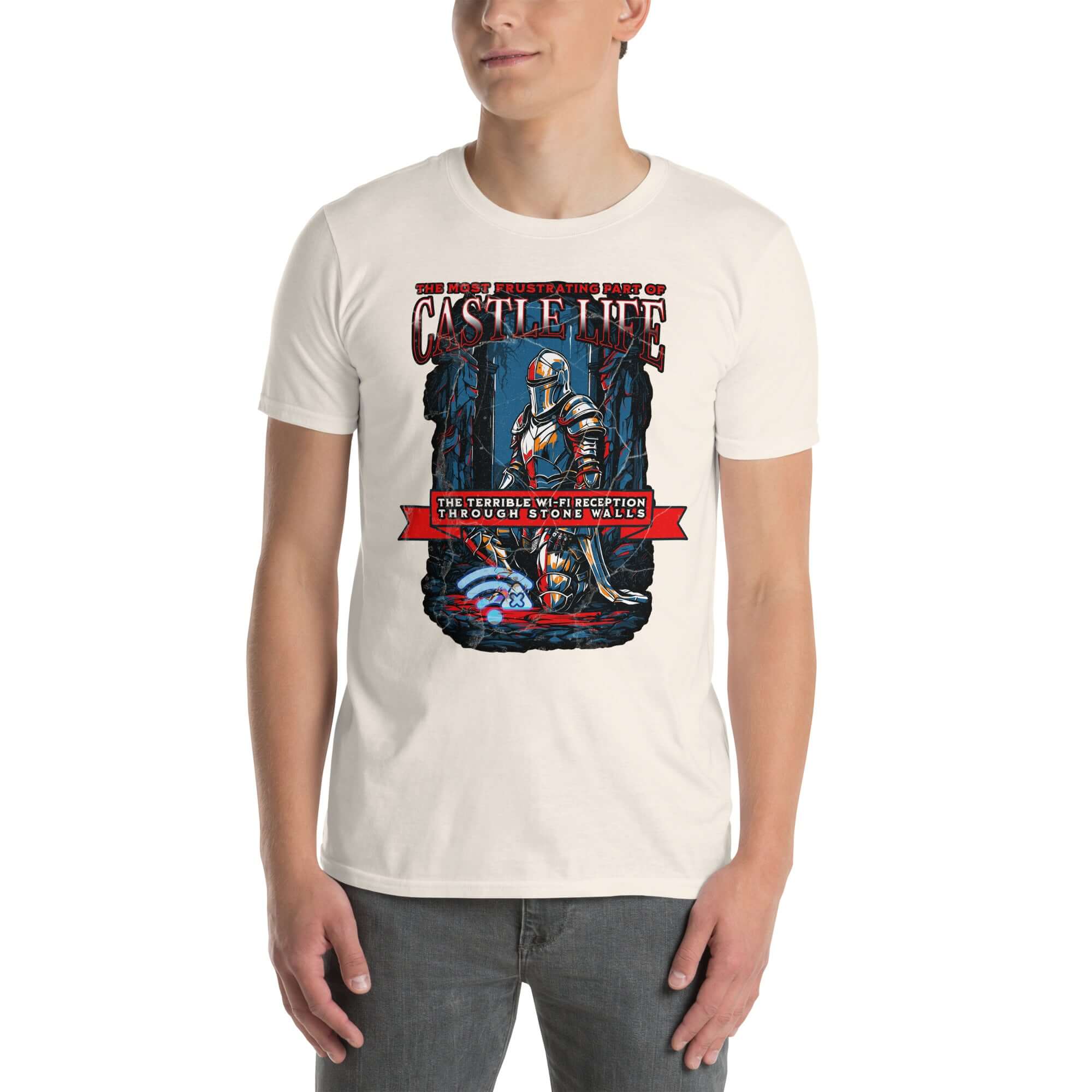 Medieval Wi-Fi humor t-shirt featuring knight in armor, frustrated about castle Wi-Fi reception, perfect for gamers and history enthusiasts.