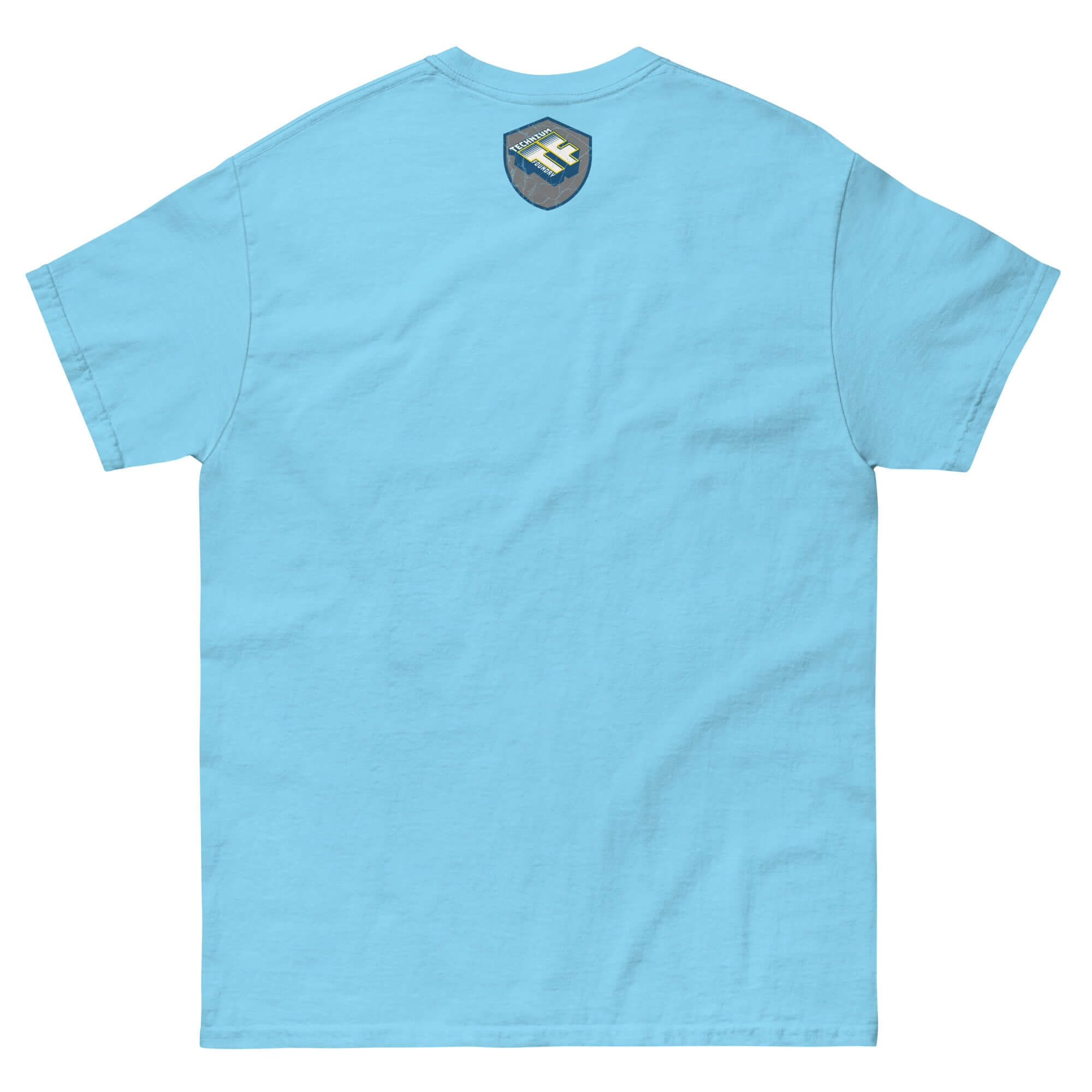 Back view of a light blue t-shirt featuring a small CERN-inspired logo on the upper back.