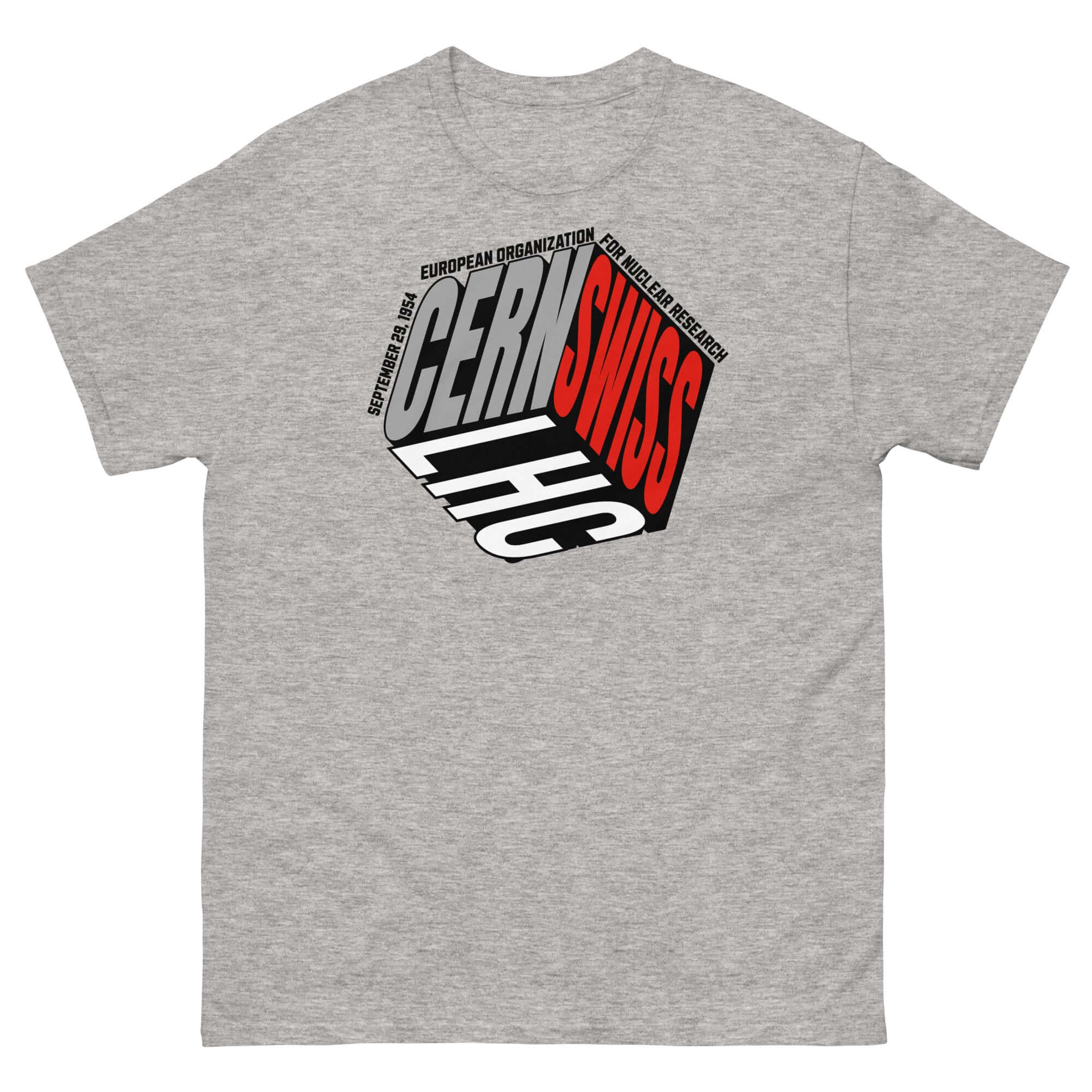 Olive green CERN Swiss Physics Cube T-Shirt with reimagined logo in cube design featuring particle physics theme.