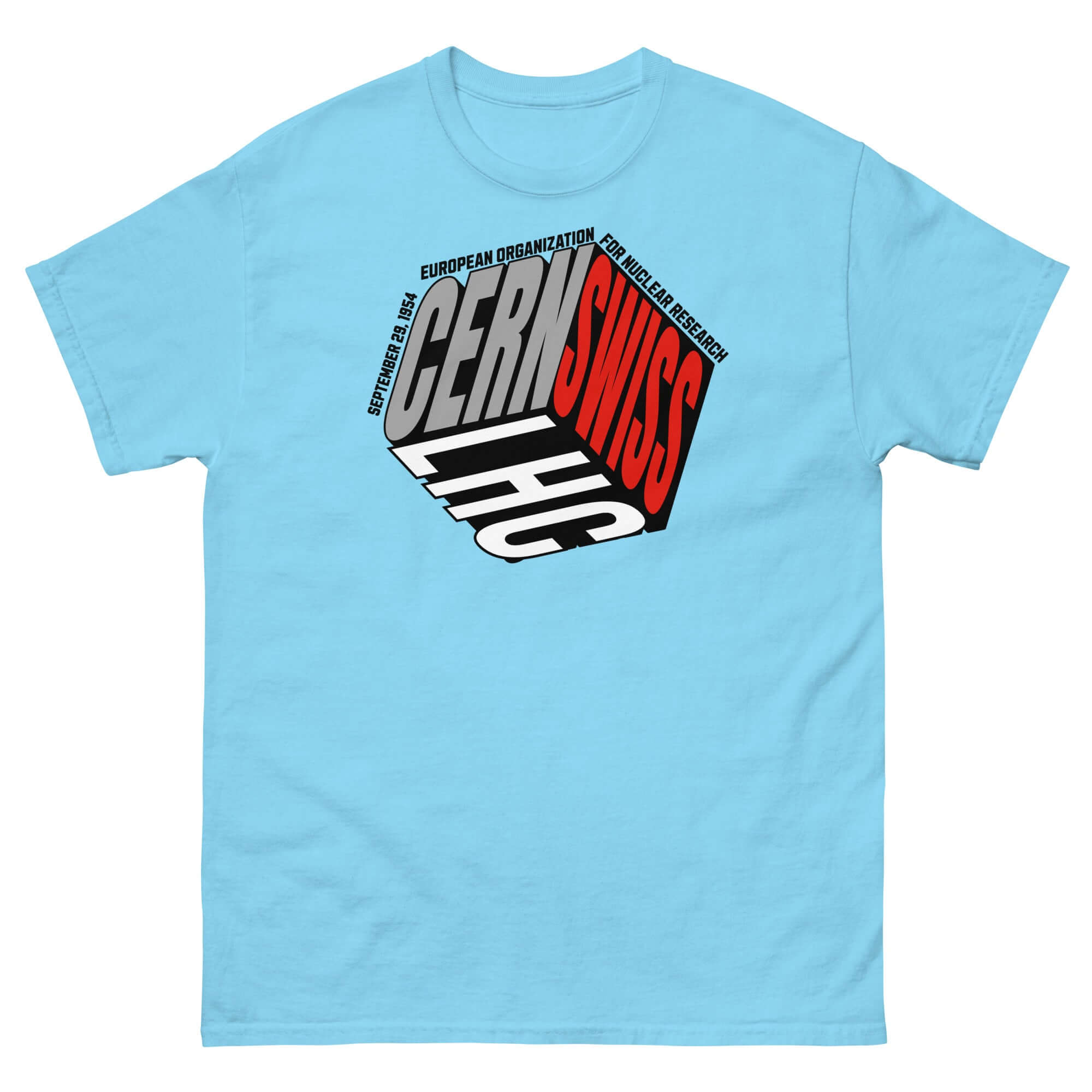 CERN Swiss Physics Cube T-Shirt with CERN logo on a light blue background, combining physics and fashion in an iconic design.