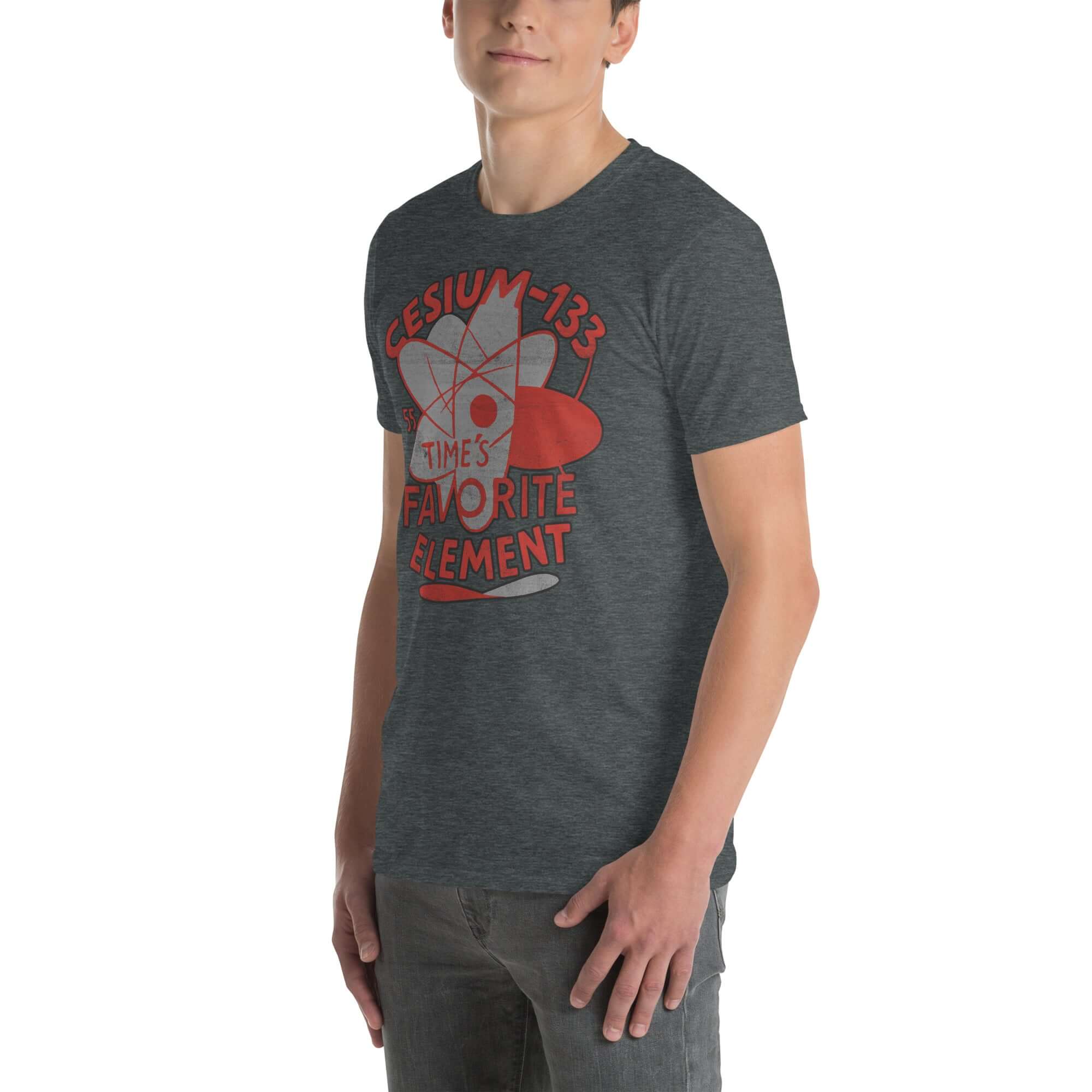 Alt Tag: Cesium-133 Atomic Clock T-Shirt with red circular design and "Time's Favorite Element" text on heather gray fabric.