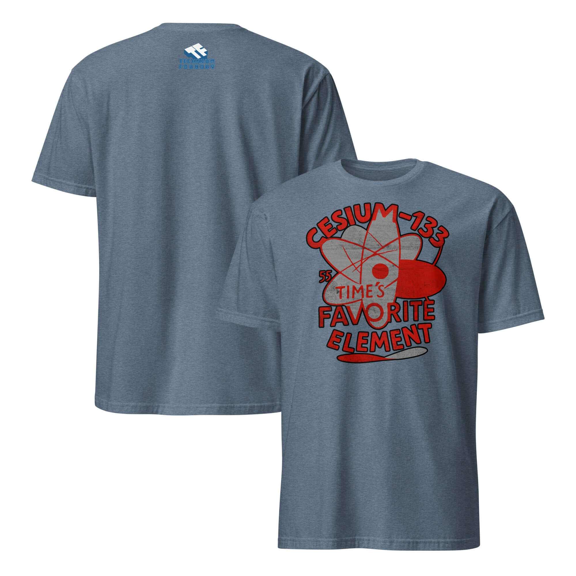 Alt Tag: Cesium-133 Atomic Clock T-Shirt in blue with red design showcasing the element defining time's precise measurement.