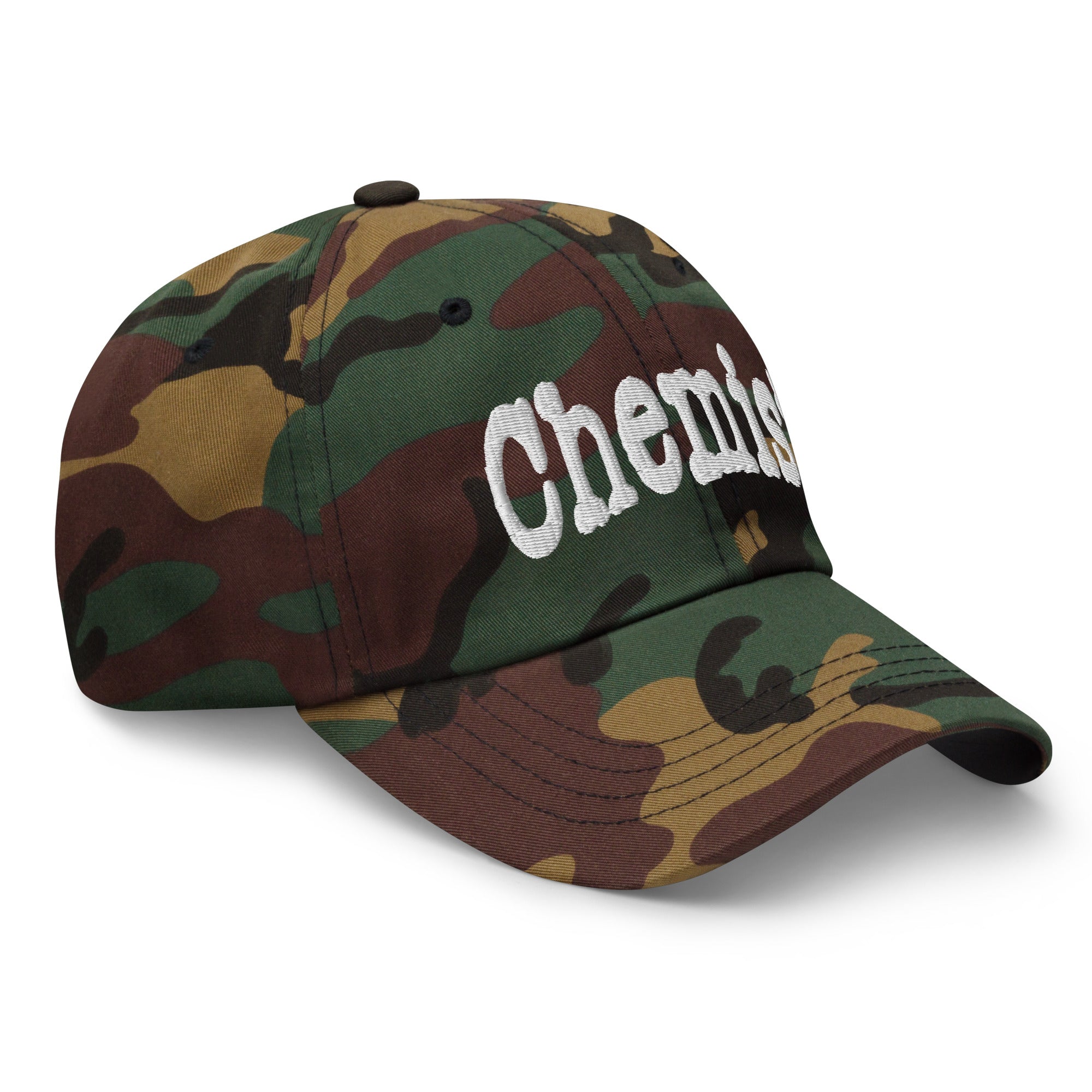 Camouflage "CHEMIST" baseball cap for professional atom-wranglers, featuring white embroidered text on a rugged design.