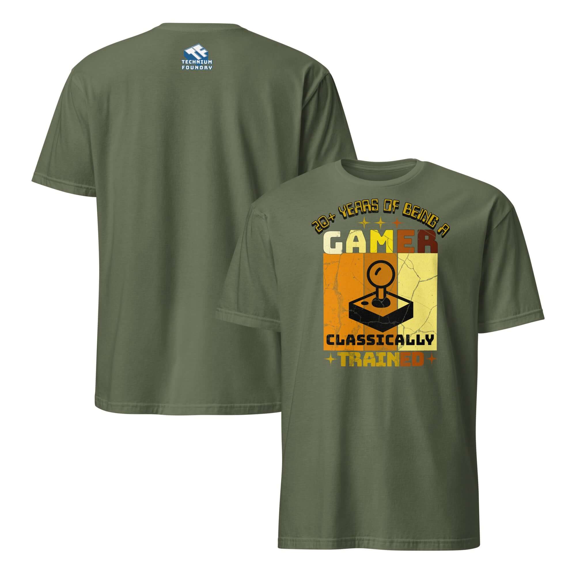 "Classically Trained Gamer T-Shirt with Retro Controller Design, highlighting extensive gaming experience in green color"