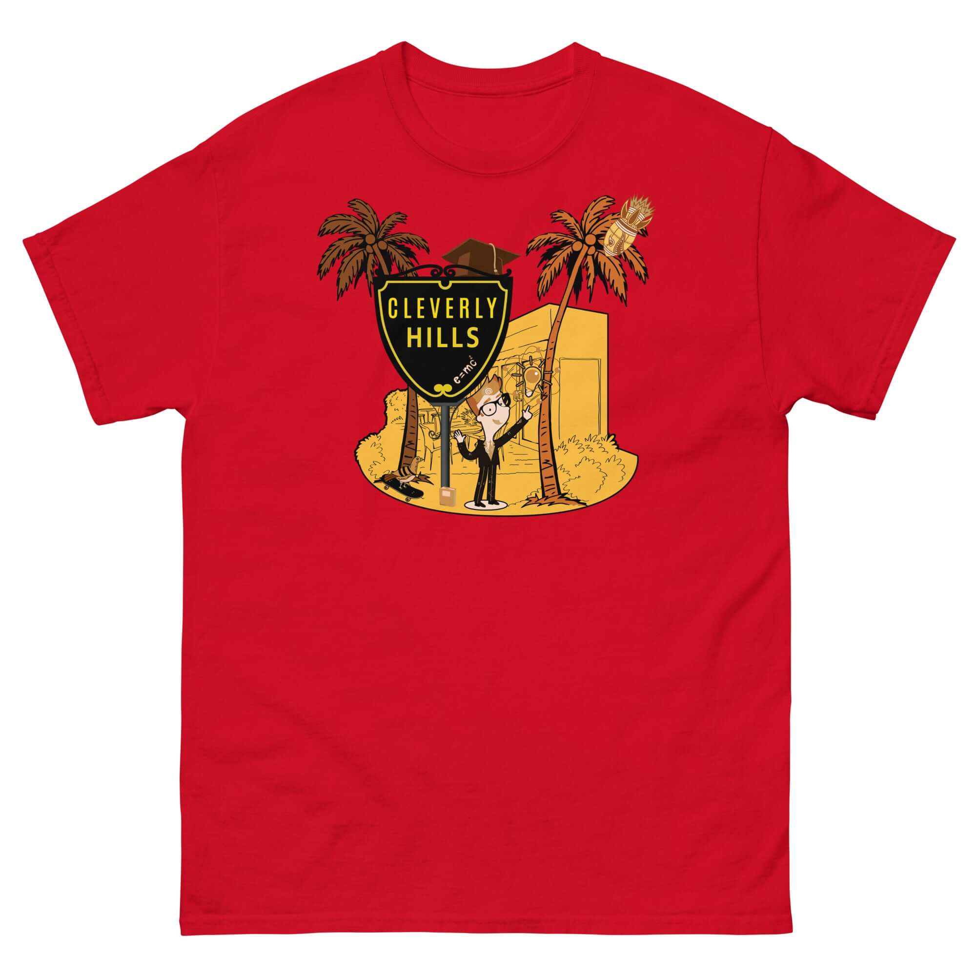 Cleverly Hills E=mc² T-Shirt featuring a parody Beverly Hills sign with an Einstein caricature between palm trees on a red shirt.