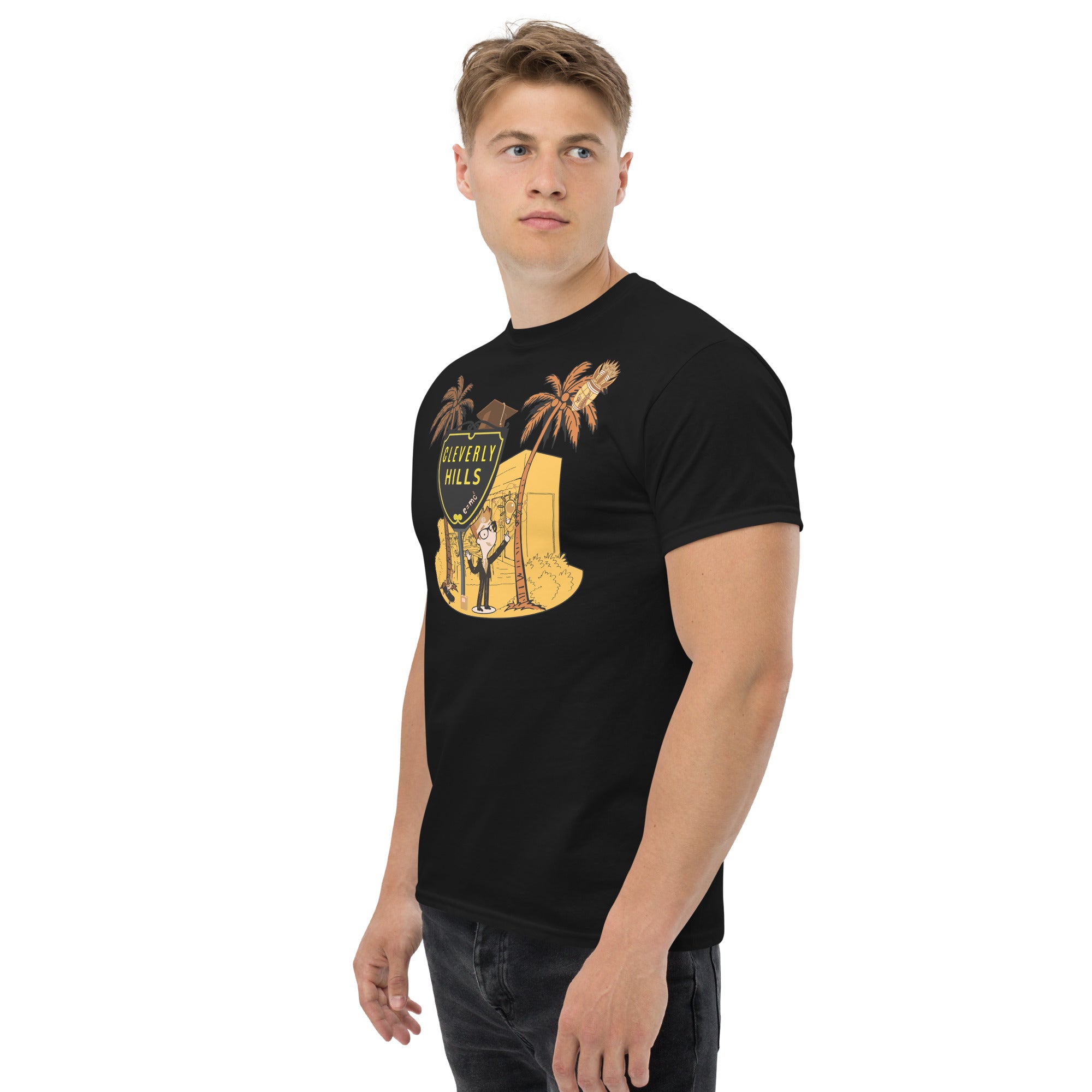 Man wearing Cleverly Hills E=mc² T-Shirt, featuring a Beverly Hills parody design with Einstein figure and palm trees.