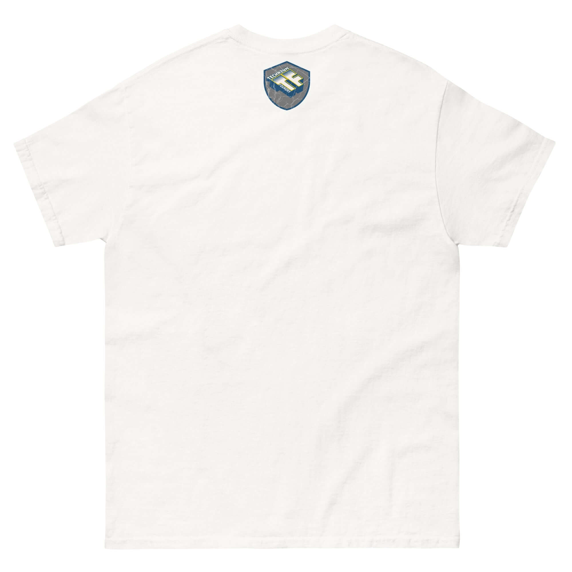 Back view of Cleverly Hills E=mc² T-Shirt showcasing shield logo, science parody tee in white for elevated IQ statement.