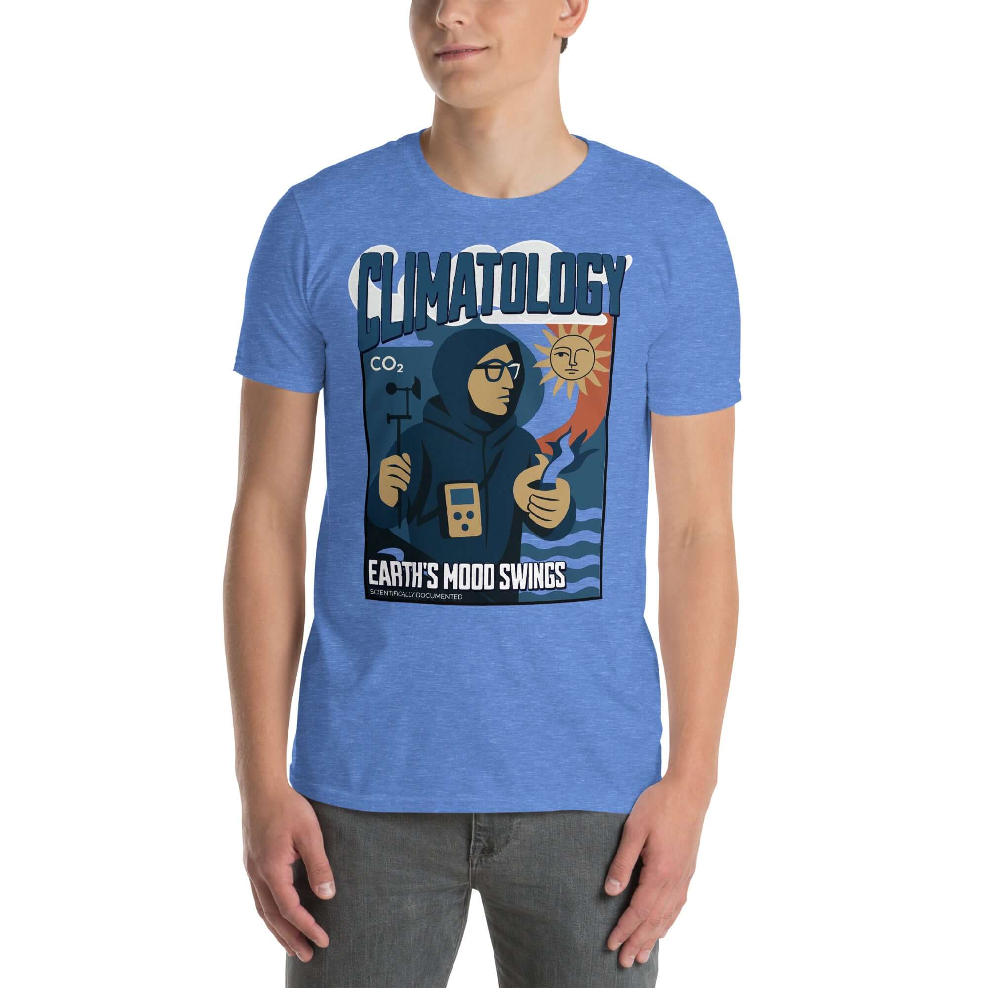 Climatology T-shirt featuring 'Earth's Mood Swings' design with scientist in expedition gear, celebrating climate science.