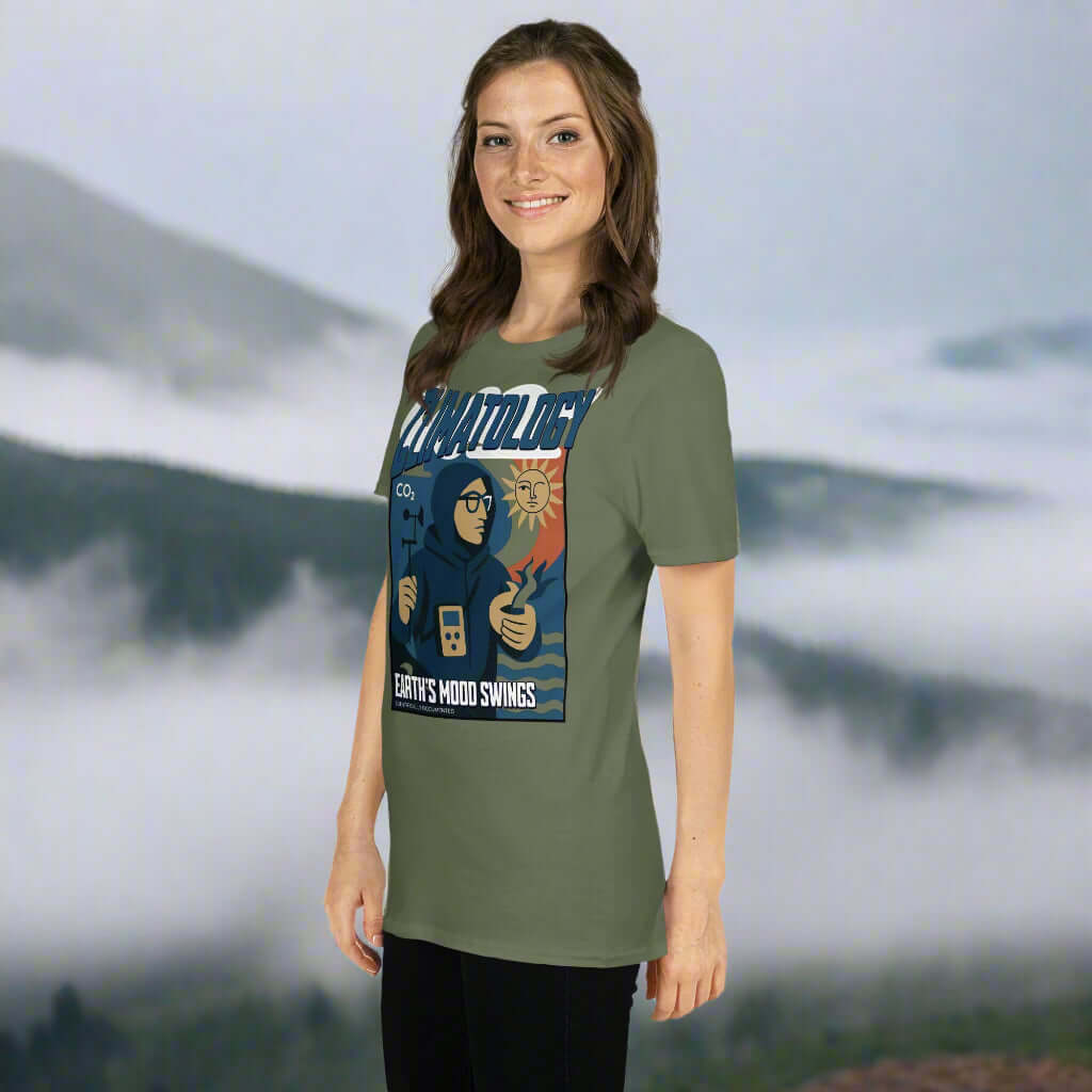 Person wearing Climatology T-Shirt with Earth's Mood Swings vintage design, celebrating atmospheric science.