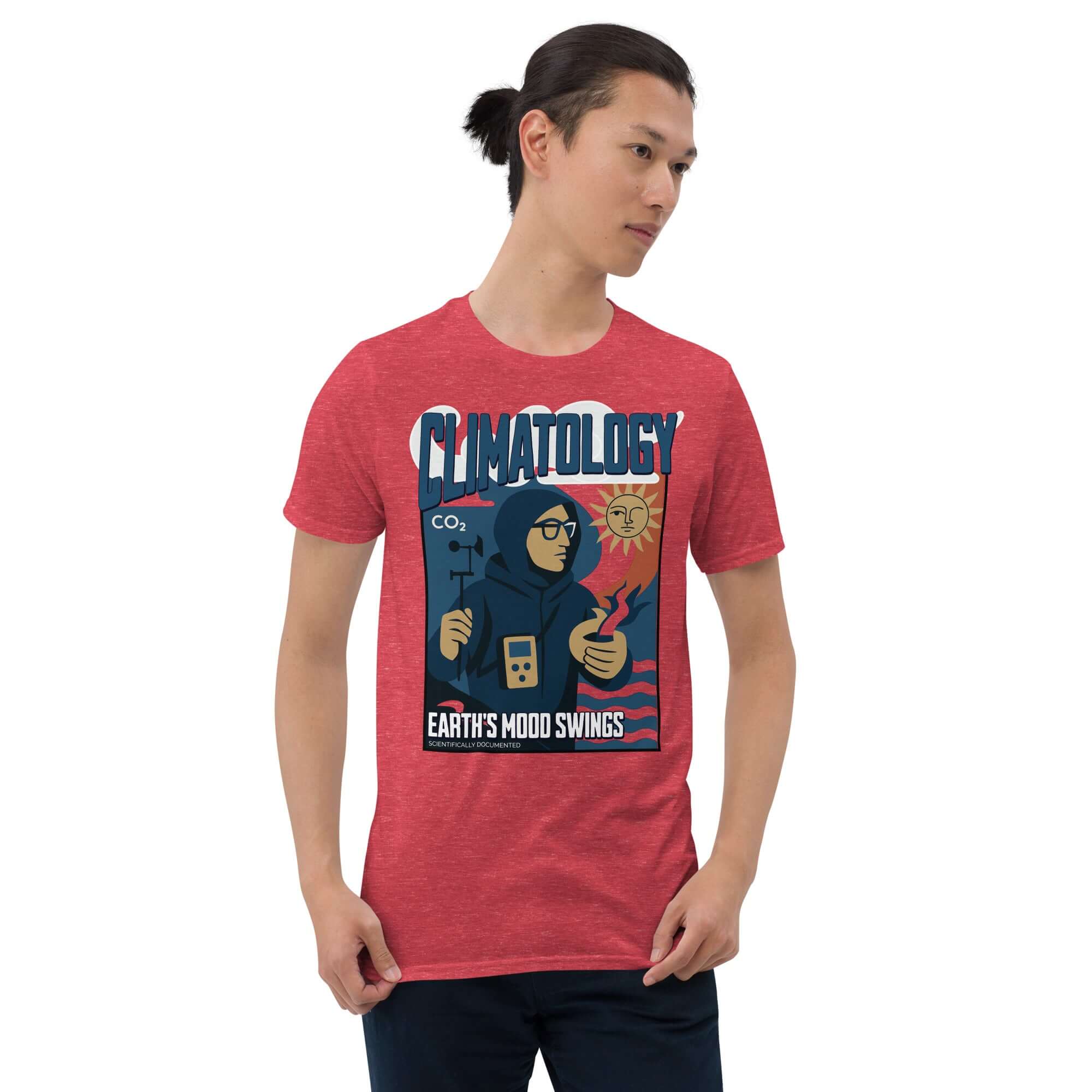Red Climatology T-Shirt featuring Earth's mood swings design, worn by model, celebrating atmospheric science with vintage style.