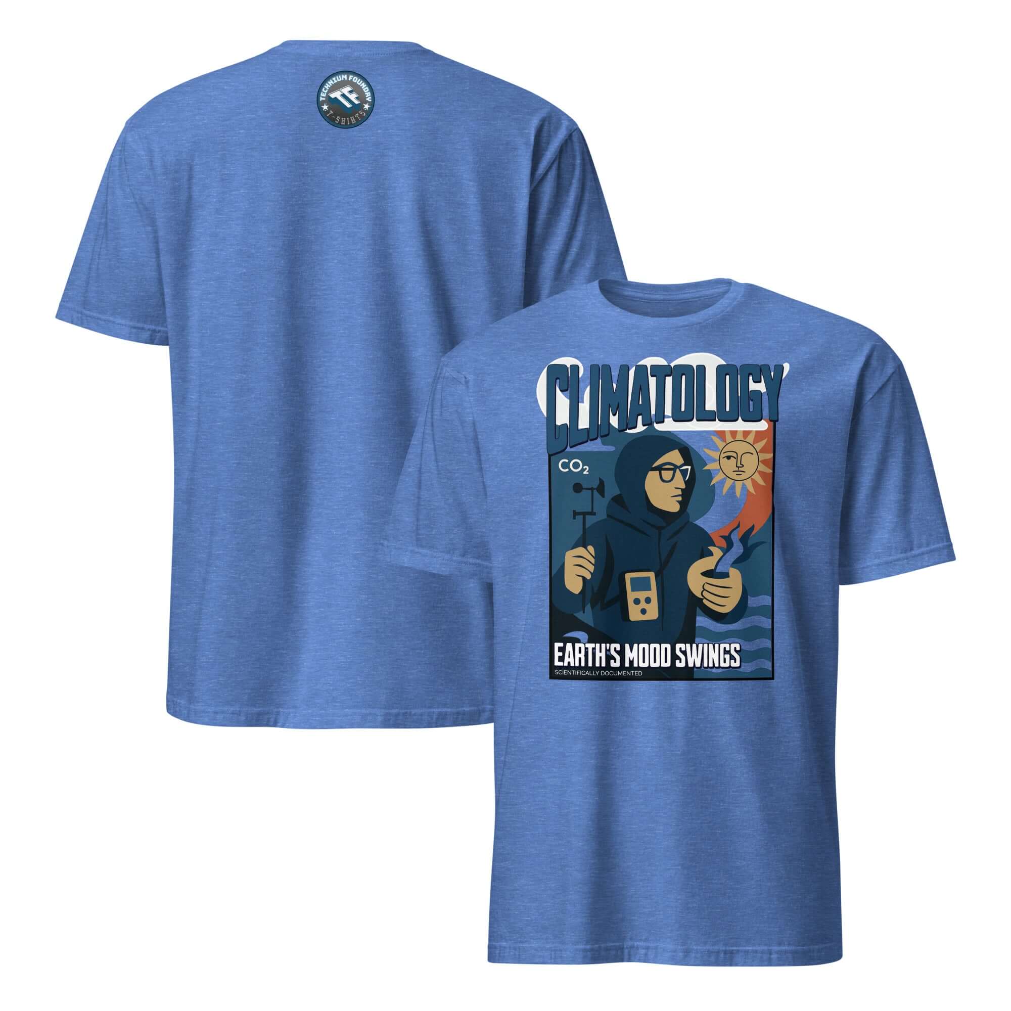 Blue Climatology T-shirt featuring vintage design of planetary scientist documenting Earth's climate mood swings.