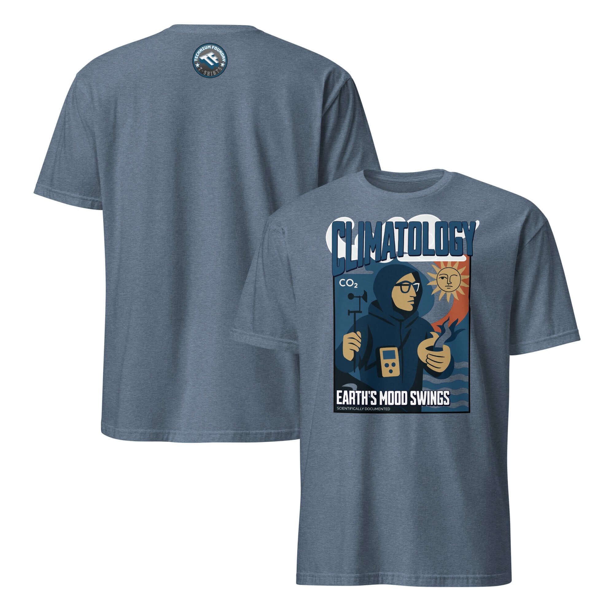 Climatology T-Shirt featuring a weathered design with scientist in expedition gear, titled 'Earth's Mood Swings Scientifically Documented'.