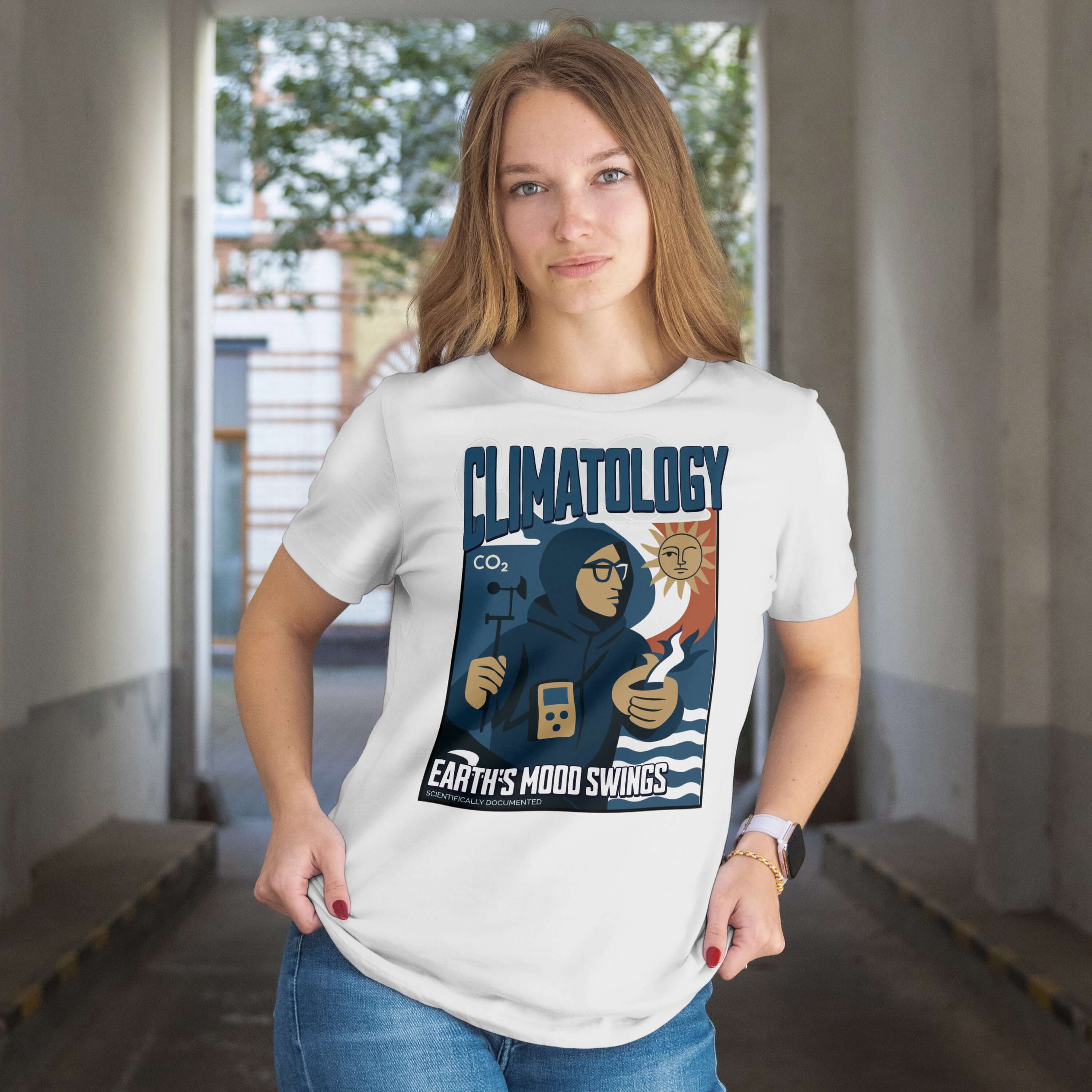 Woman wearing Climatology T-shirt depicting Earth's mood swings, featuring a scientist in expedition gear with vintage design.