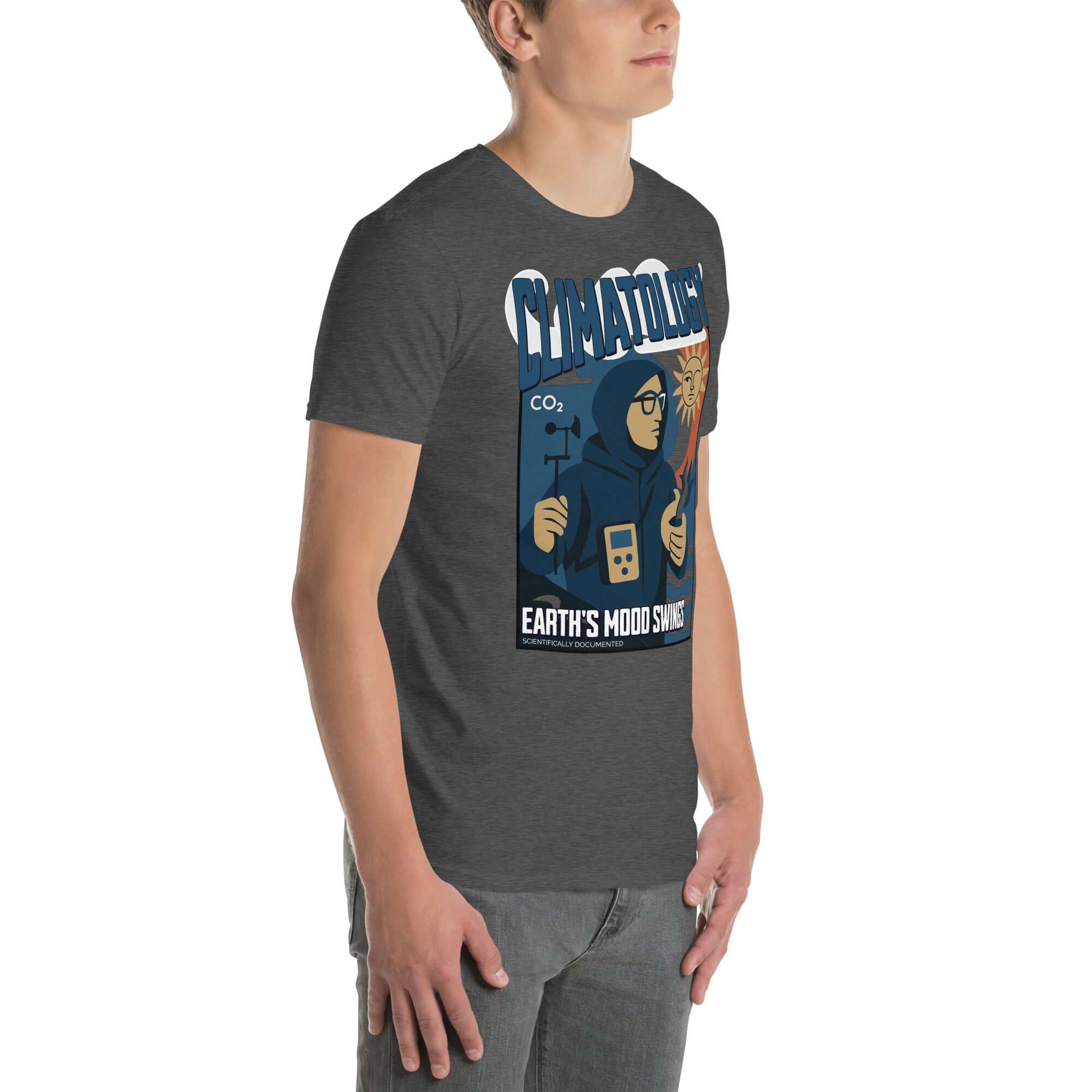 Model wearing Climatology T-Shirt featuring vintage design of atmospheric scientist, celebrating Earth's changing climates.