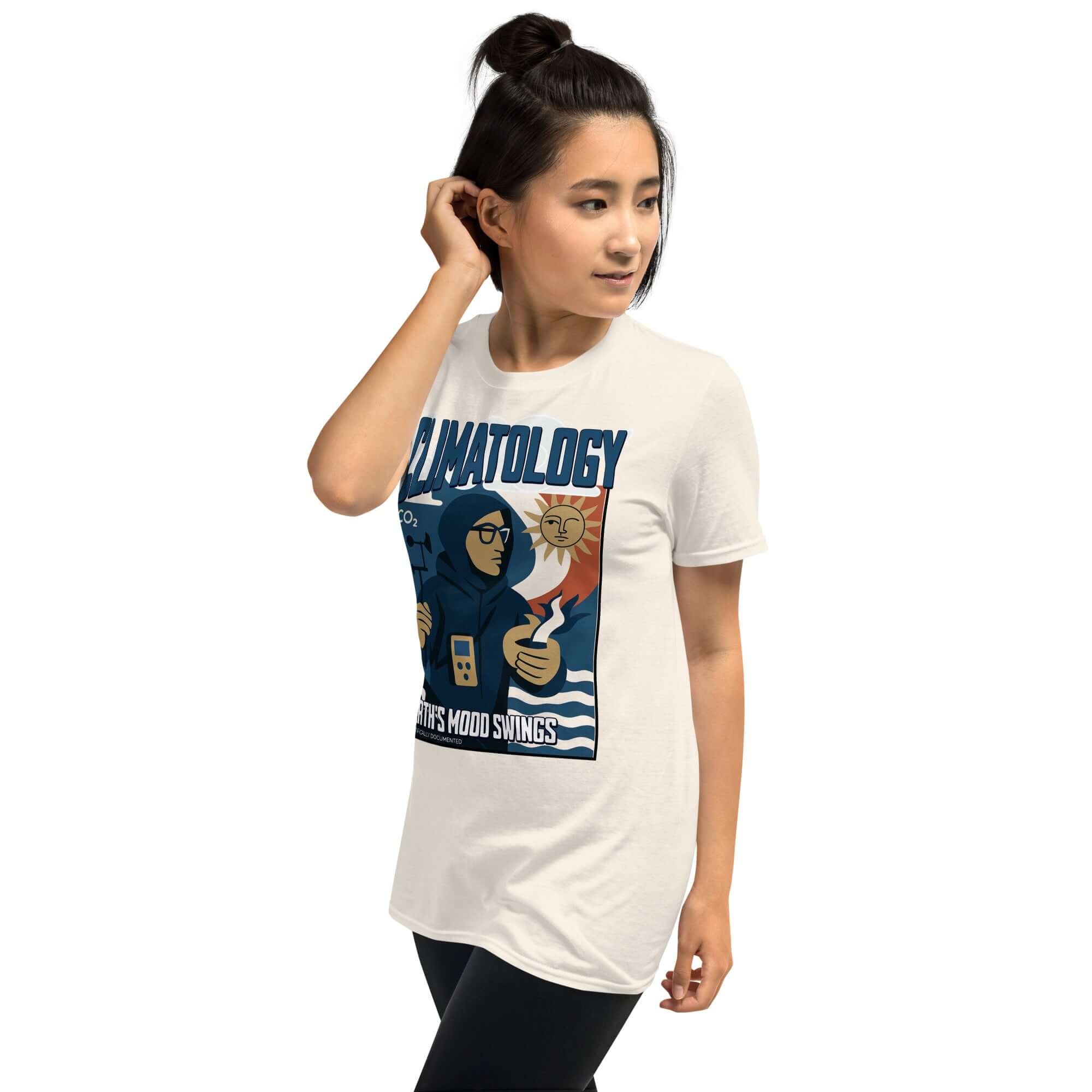 Person wearing Climatology T-Shirt with Earth's Mood Swings design depicting atmospheric detective in expedition gear.