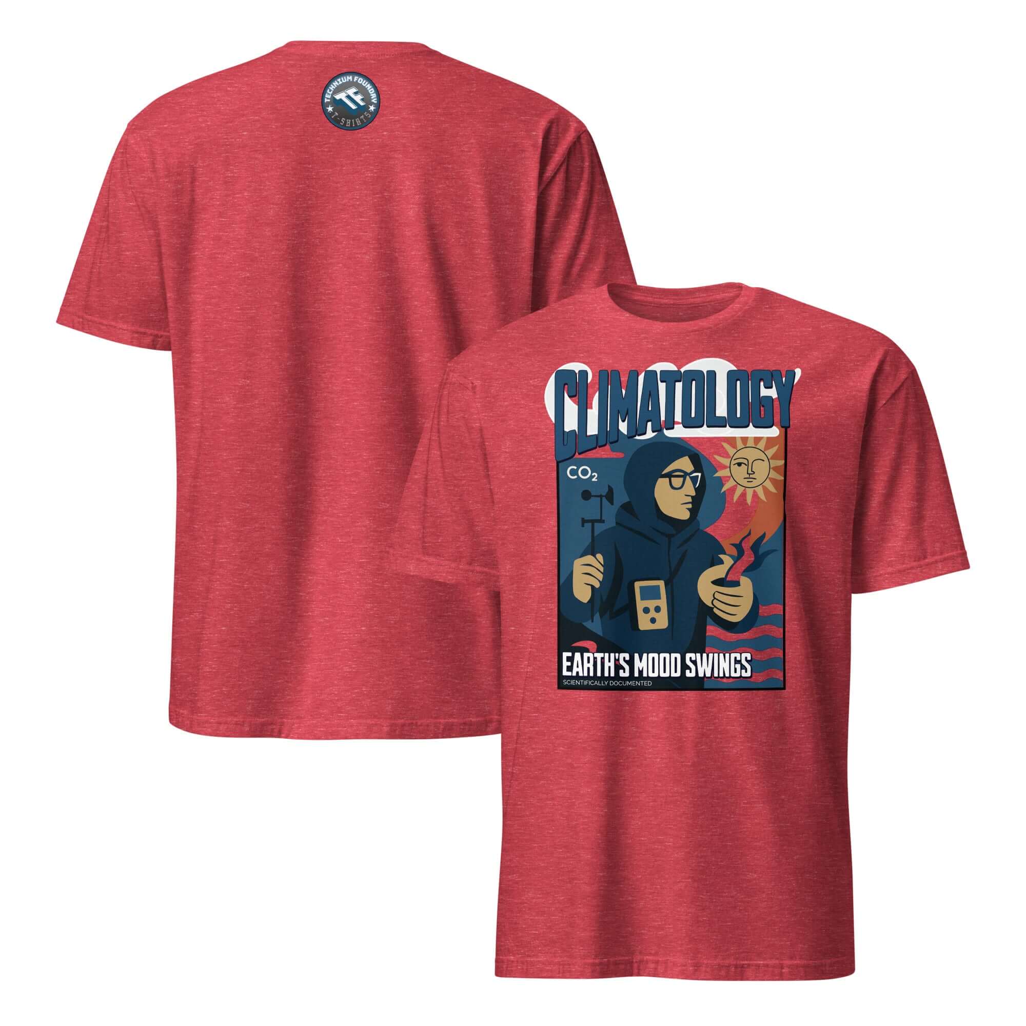 Vintage Climatology T-shirt depicting Earth's mood swings, featuring a scientist in red expedition gear with atmospheric elements.