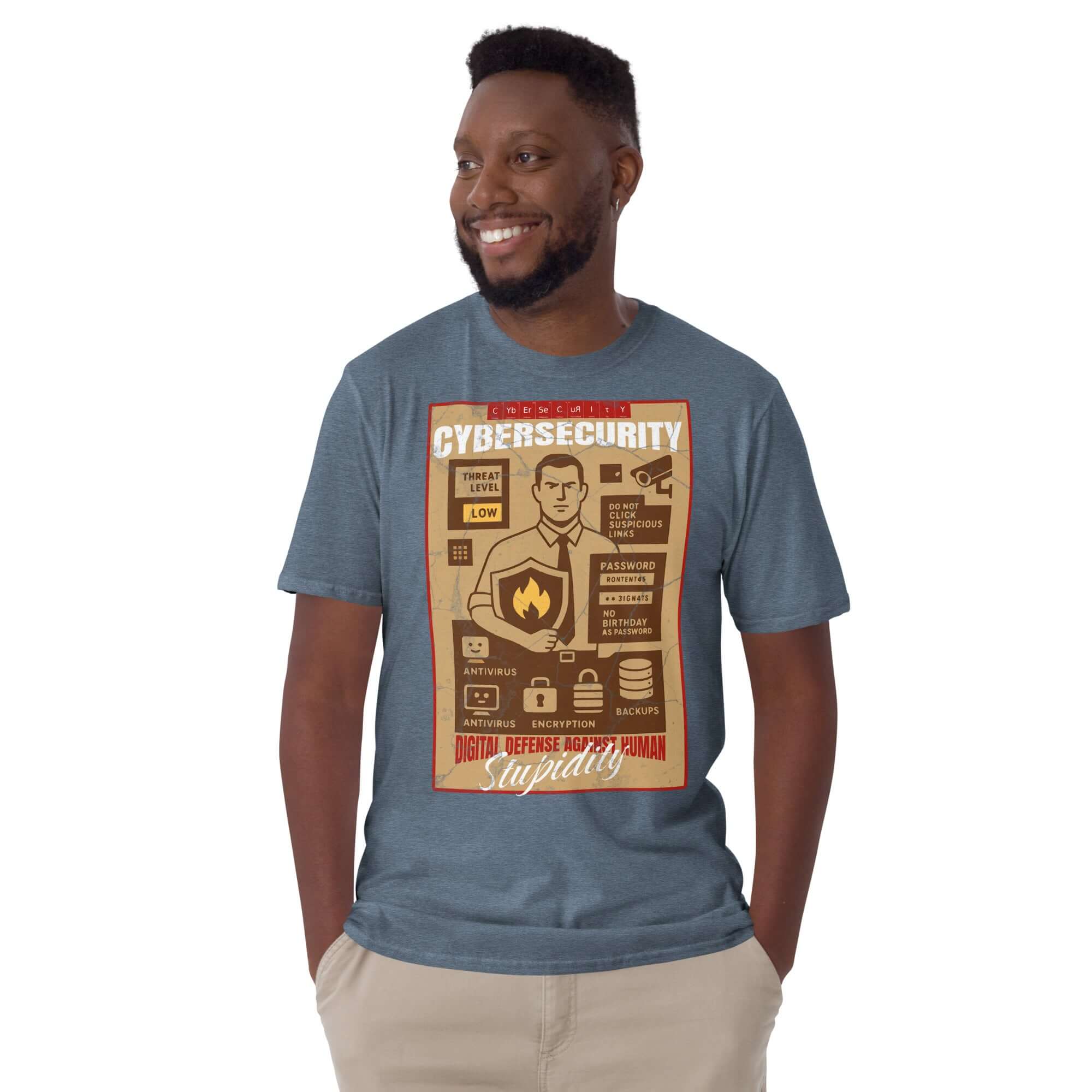 Cybersecurity T-shirt with "Digital Defense Against Human Stupidity" design, emphasizing humorous tech awareness.