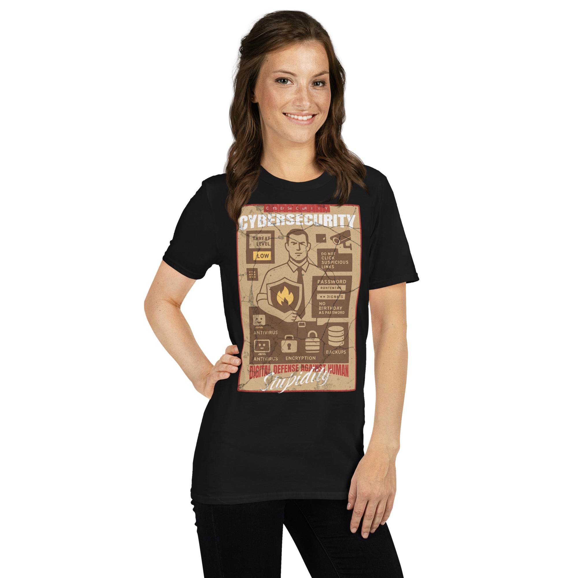 Model wearing Cybersecurity T-Shirt with "Digital Defense Against Human Stupidity" design in vintage security briefing style.