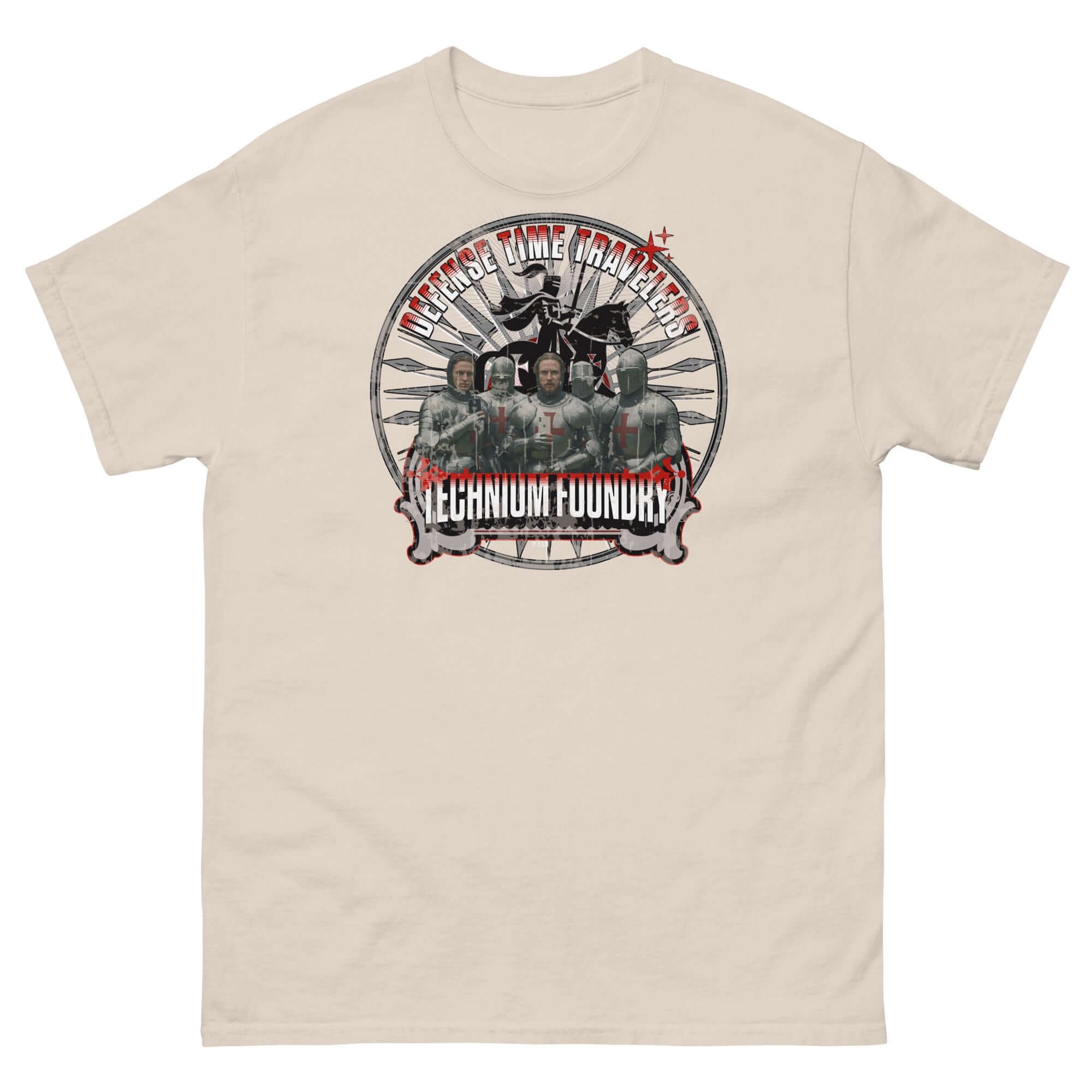 Defense Time Traveling Knights T-Shirt featuring medieval knights and futuristic designs for an epic temporal paradox statement.