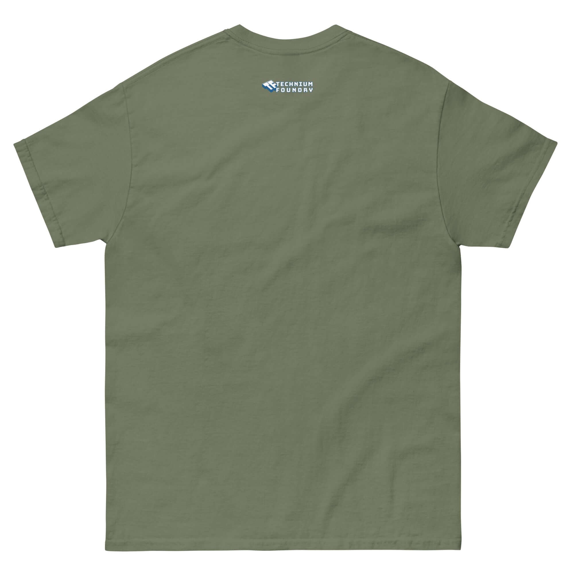 Back of olive-green Defense Time Traveling Knights T-Shirt, showcasing minimalist design with medieval and tech themes.
