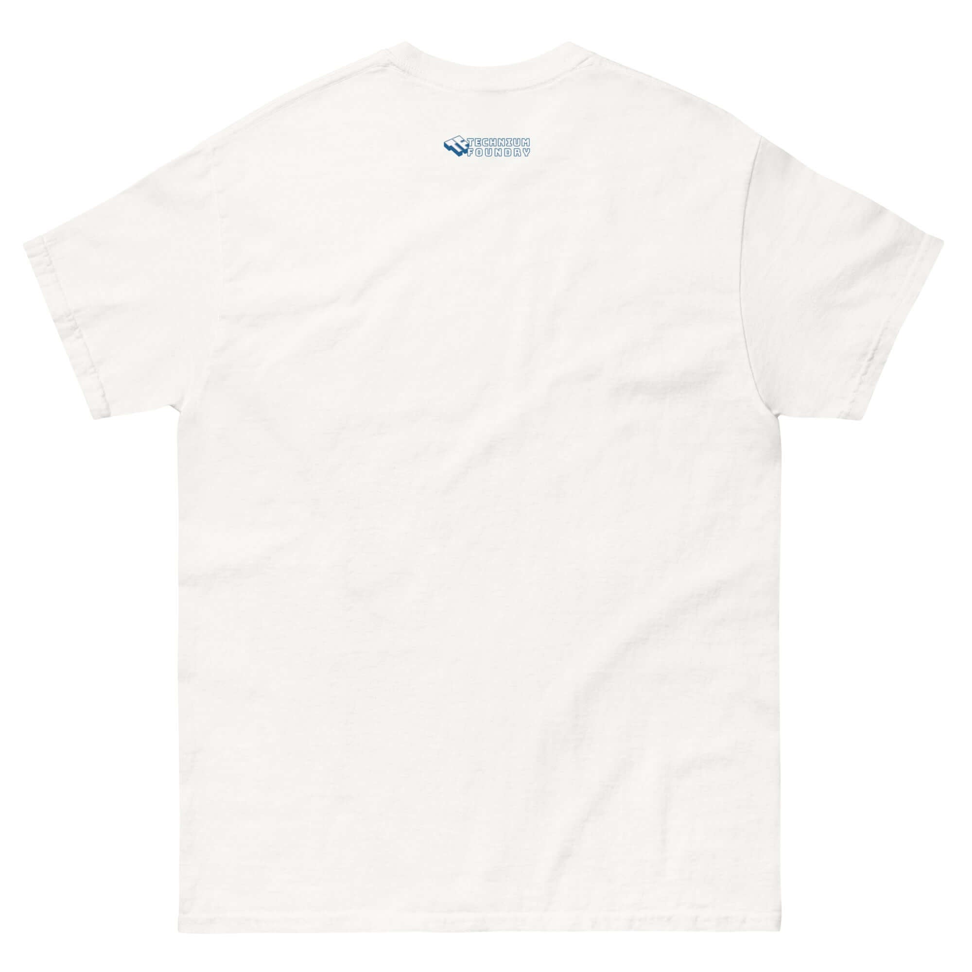 Back view of a white Defense Time Traveling Knights T-Shirt featuring a Medieval Tech Paradox Design.