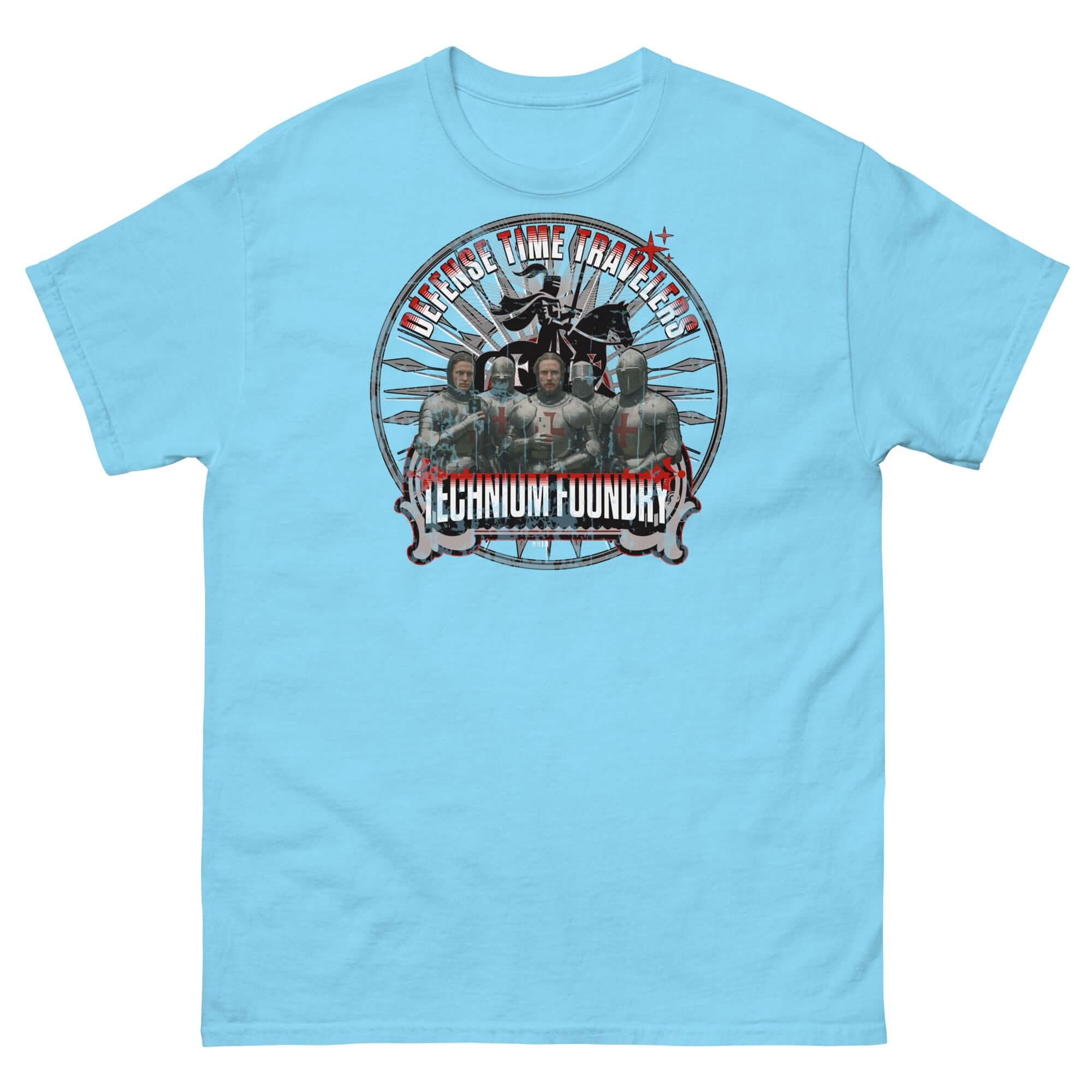 Alt Tag: Time-traveling knights medieval T-shirt with tech paradox design, featuring Templar soldiers on a blue background.