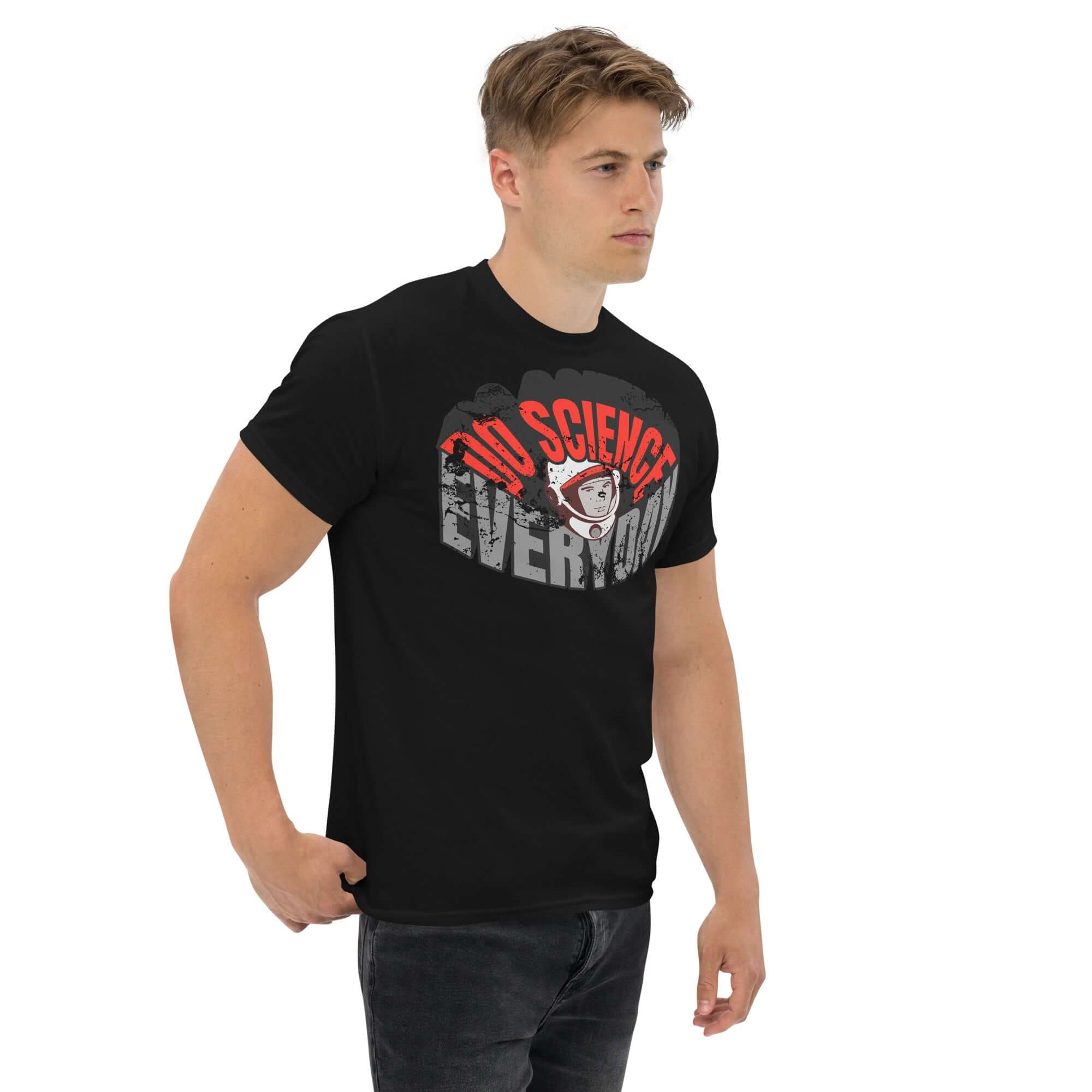 Black cotton t-shirt featuring retro astronaut design and "Do Science Every Day" text for space fashion enthusiasts.